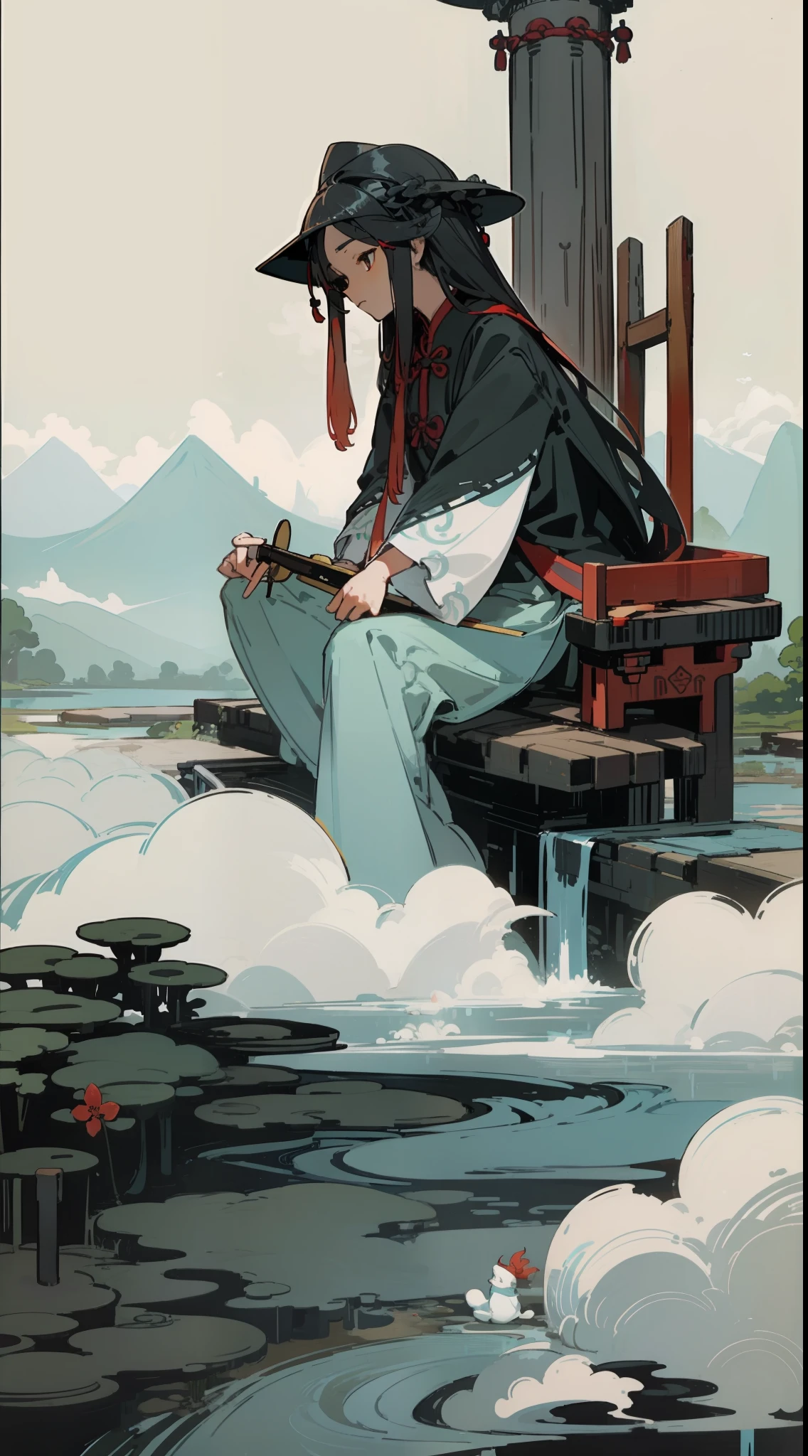 Chinese style aesthetics、Ink quality、Peaceful creekside、Solitary gazebo、Long-haired girl holding a lute、The expression was melancholy、Creation at the highest level。
