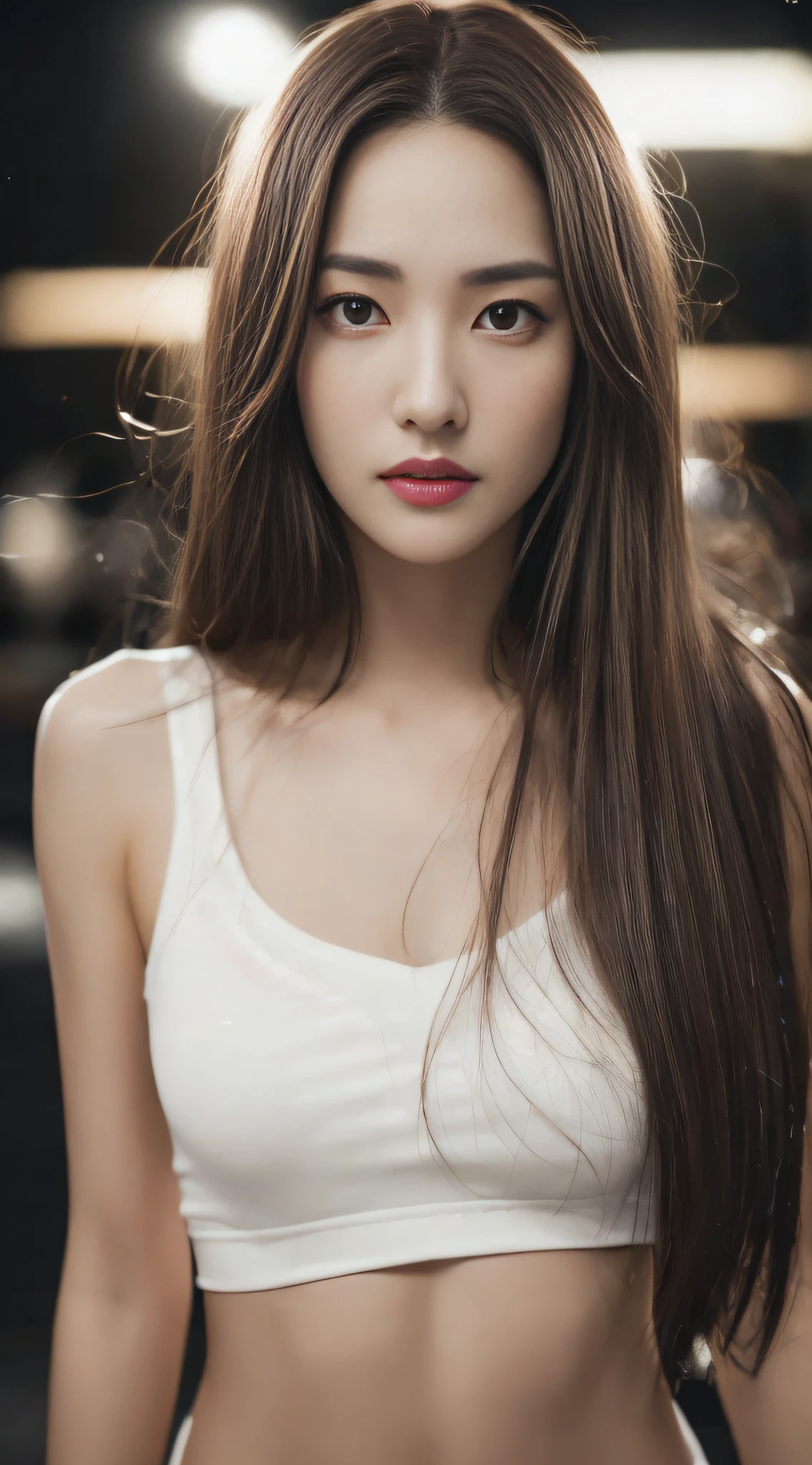 ((Realistic lighting, Best quality, 8K, Masterpiece: 1.3)), Clear focus: 1.2, 1girl, Perfect Figure: 1.4, Slim Abs: 1.1, ((Dark brown hair)), (White crop top: 1.4), (Outdoor, Night: 1.1), City streets, Super fine face, Fine eyes, Double eyelids,