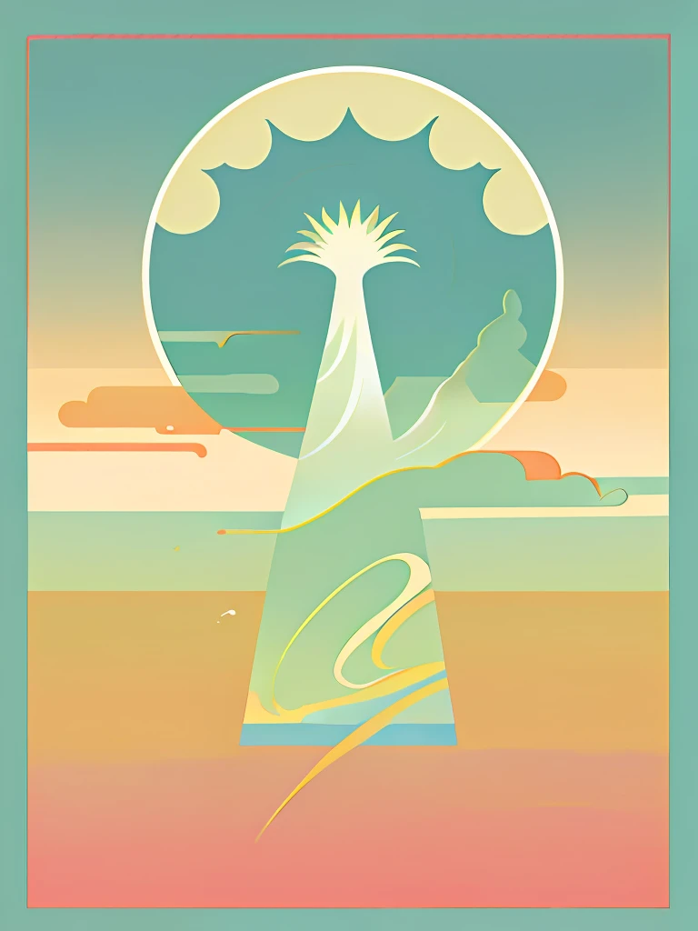 (Chinese landscape),(Zen Buddhism,Amy Sol style),(夏天,mont,rays of sunshine),Light abstract cover art,abstracted,Simple vector art,Contemporary Chinese art,Gradient of color,Pastel color palette,Hierarchical form,Whimsical animation,The style is ethereal and abstract,4K