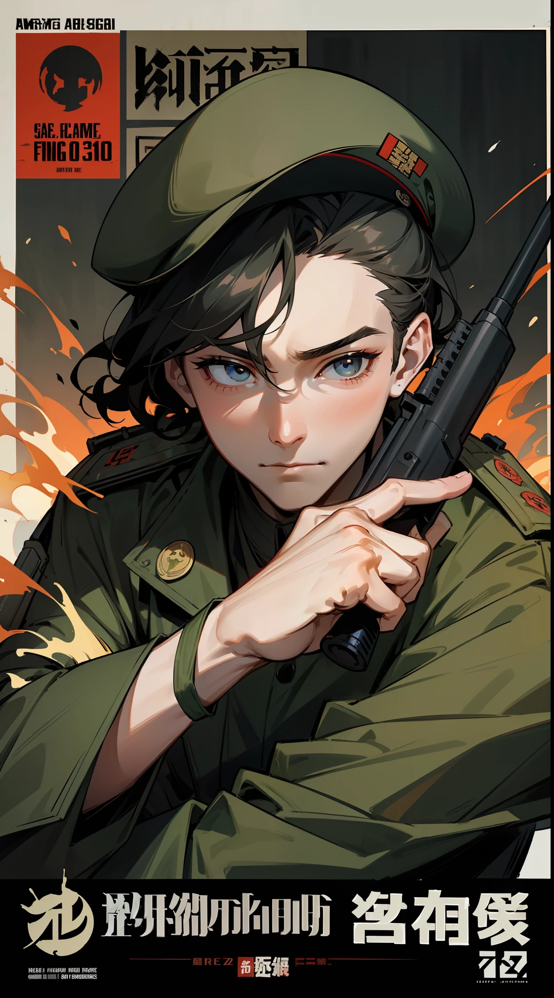 Close-up of a man in camouflage uniform holding a gun, army, Military photography, shooting fire war,,, perfect military composure, a poster, cover shot, Old war poster, 💣 💥, in the style of sifu 🔥 😎 🕹️ 👀 :2, Impeccable military composure, Official poster, Cai Xukun