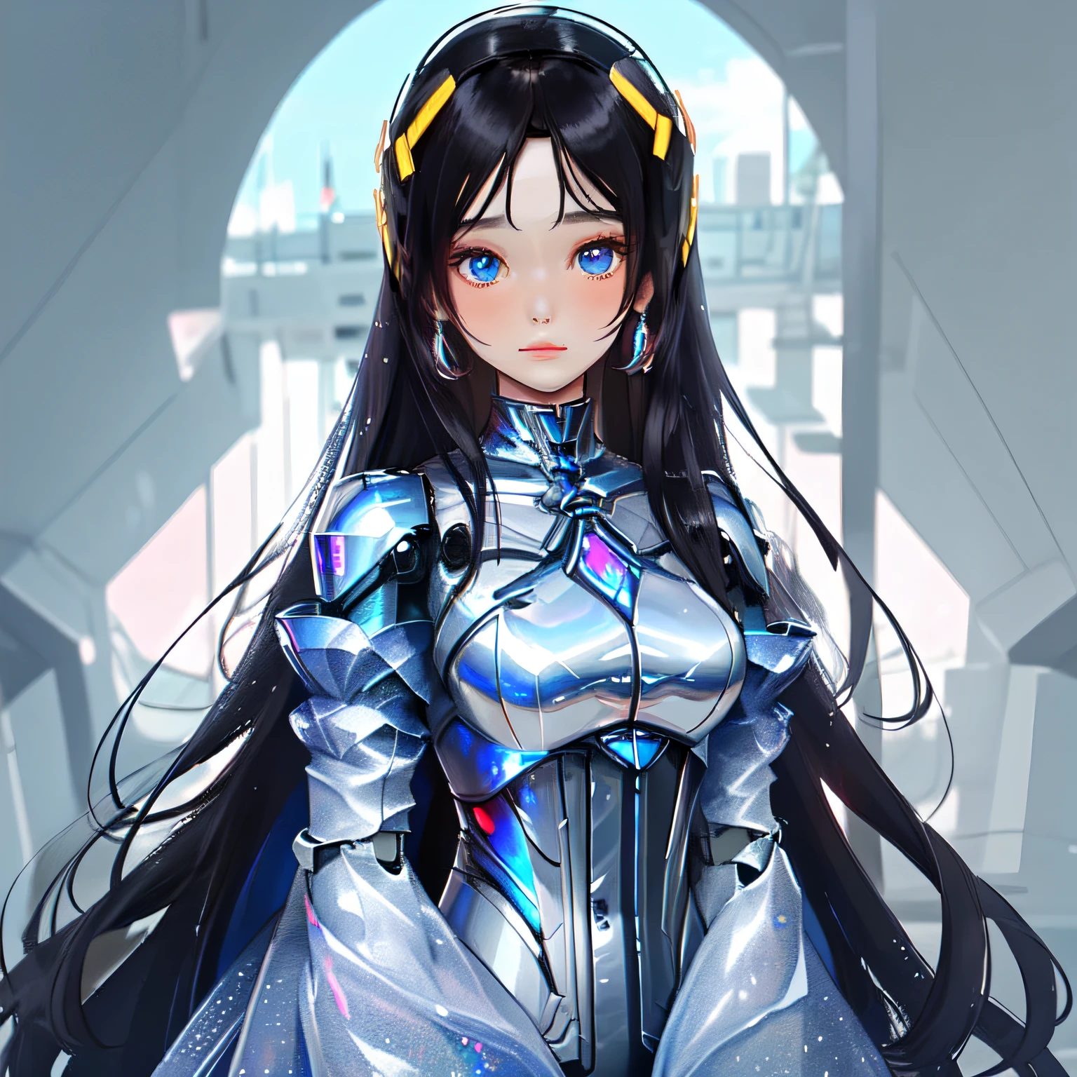 Best quality, masterpiece, ultra high res, 1girl, upper body, black hair, holographic, looking at viewer, very long hair, city, humanoid robot,