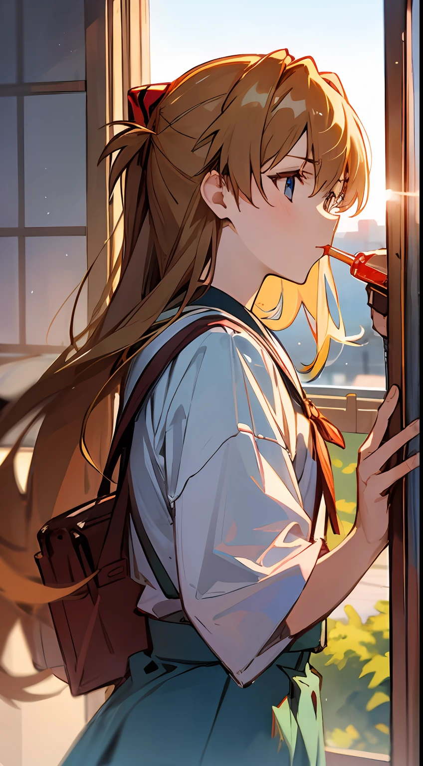 1 girl, asuka,School uniforms in Japan, Evangelion, 8K, best quality, japanese cloth, looking out the window, more details,Drinking juice, summer, cool style, bright colors,sunlight,japan,