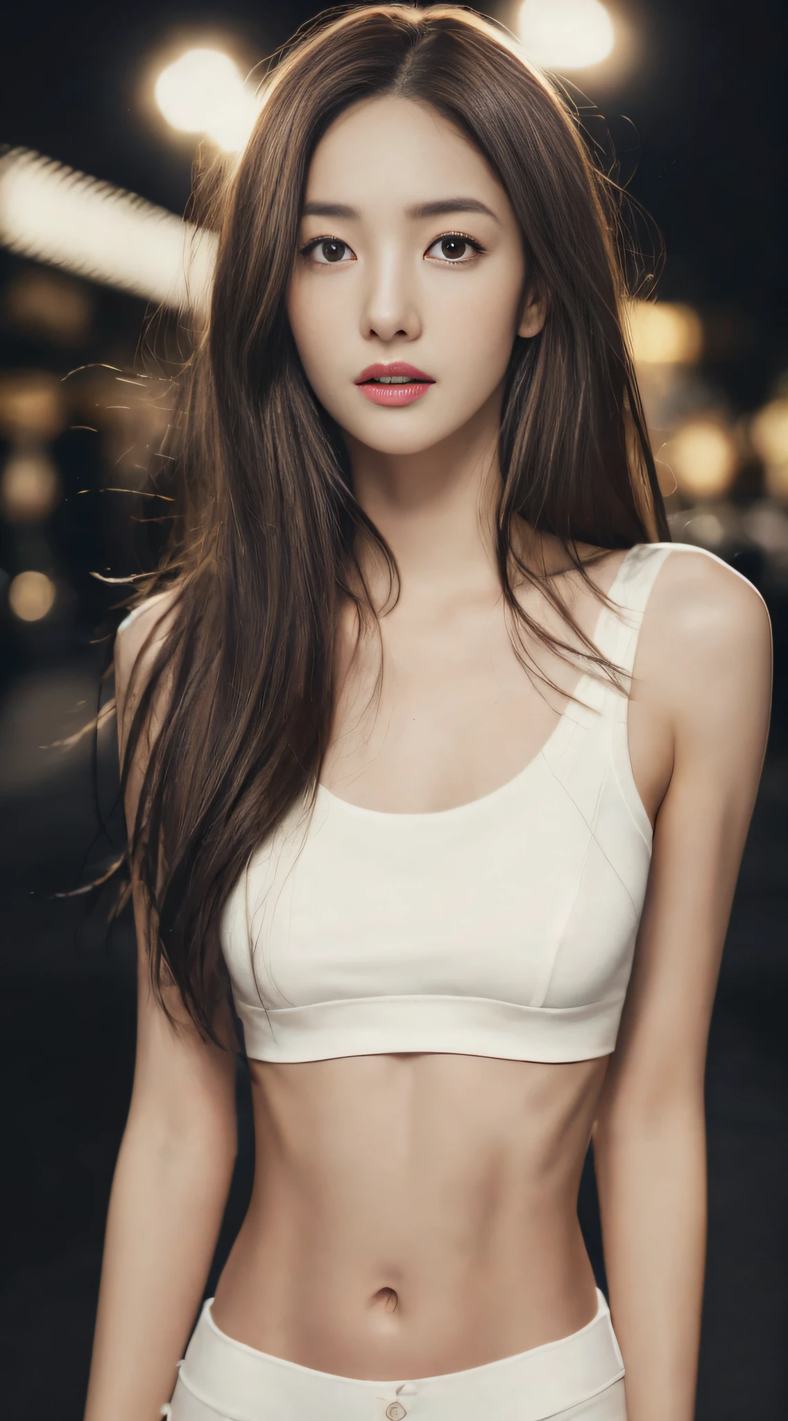 ((Realistic lighting, Best quality, 8K, Masterpiece: 1.3)), Clear focus: 1.2, 1girl, Perfect Figure: 1.4, Slim Abs: 1.1, ((Dark brown hair)), (White crop top: 1.4), (Outdoor, Night: 1.1), City streets, Super fine face, Fine eyes, Double eyelids,