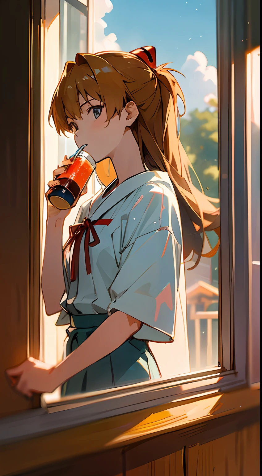 1 girl, asuka,School uniforms in Japan, Evangelion, 8K, best quality, japanese cloth, looking out the window, more details,Drinking juice, summer, cool style, bright colors,sunlight,japan,