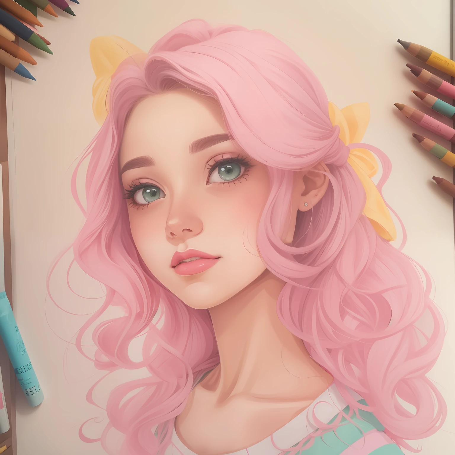 um desenho de uma menina com cabelo rosa e uma camisa listrada rosa e amarela, pastel coloring, Amy Sol no estilo de, kawaii retrato realista, betty cooper, em estilo anime, estilo de arte loish, estilo de arte bonito, menina bonito com cabelo rosa curto, pastel-hued, retrato de alta qualidade, retrato de personagem de mim, solo portrait 🎨🖌️
