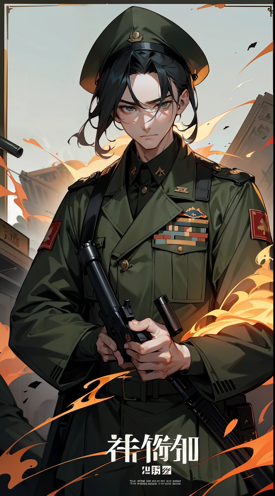 Close-up of a man in camouflage uniform holding a gun, army, Military photography, shooting fire war,,, perfect military composure, a poster, cover shot, Old war poster, 💣 💥, in the style of sifu 🔥 😎 🕹️ 👀 :2, Impeccable military composure, Official poster, Cai Xukun