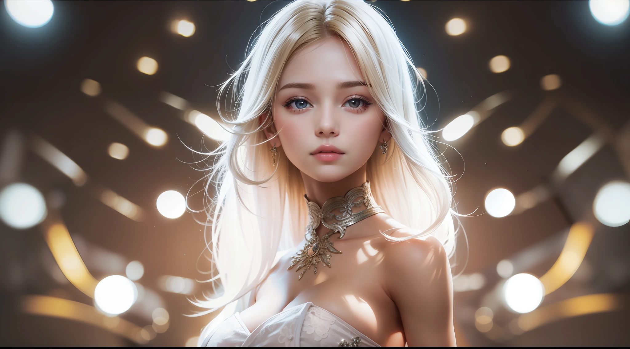 best quality, masterpiece, high_res, 1girl, hair ornament, necklace, jewelry, Beautiful face, upon body, tyndall effect, photo realistic, dark studio, rim lighting, two tone lighting, (high detailed skin:1.2), 8k uhd, dslr, soft lighting, high quality, volumetric lighting, candid, Photograph, high resolution, 4k, 8k, Bokeh, medium breasts, open fingers, (hair color:blonde:1)