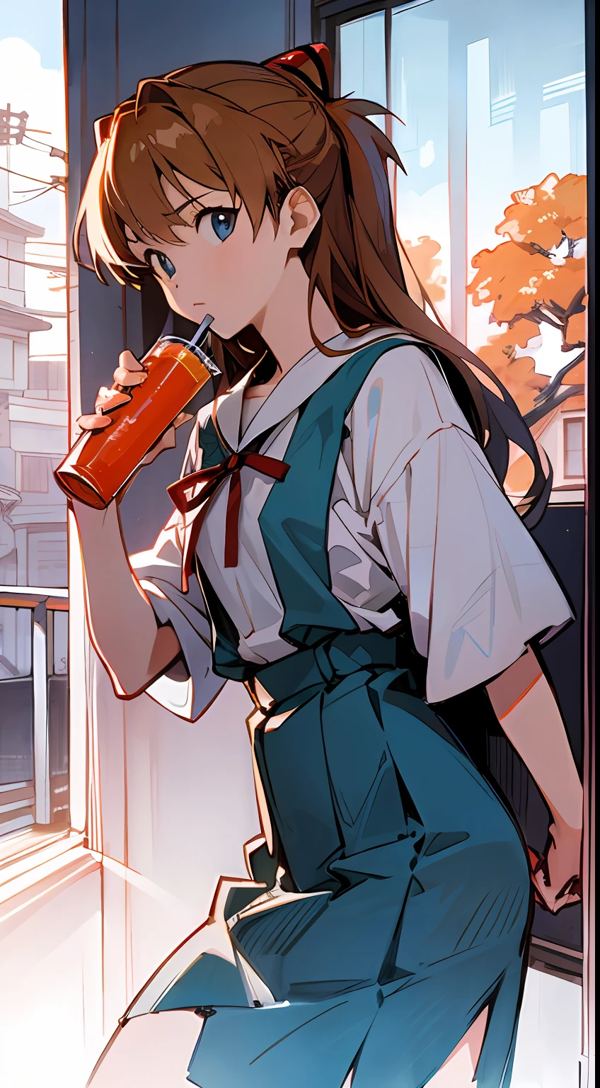 1 girl, asuka,School uniforms in Japan, Evangelion, 8K, best quality, japanese cloth, looking out the window, more details,Drinking juice, summer, cool style, bright colors,sunlight,japan,