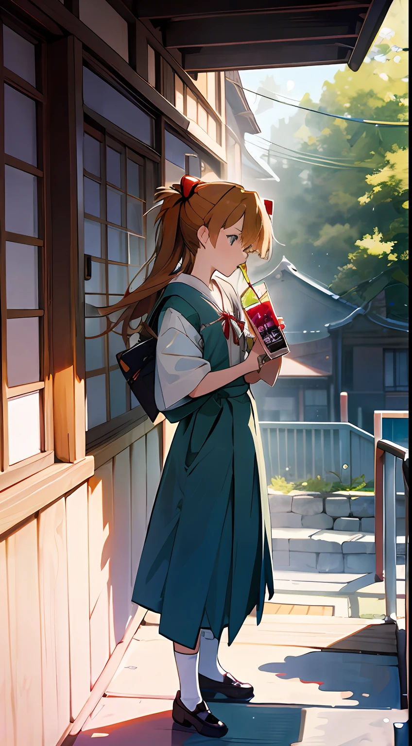 1 girl, asuka,School uniforms in Japan, Evangelion, 8K, best quality, japanese cloth, looking out the window, more details,Drinking juice, summer, cool style, bright colors,sunlight,japan,