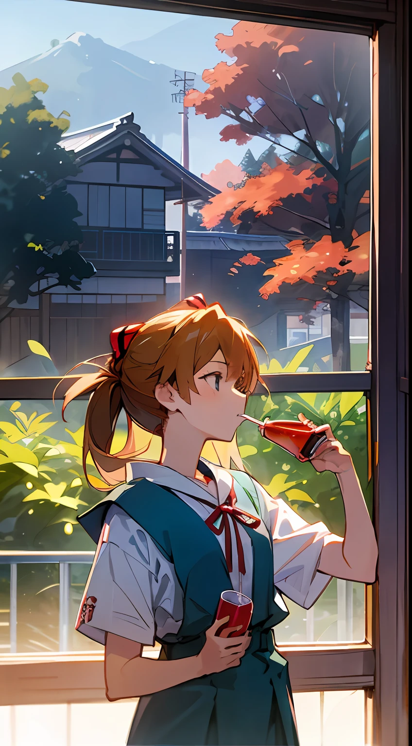 1 girl, asuka,School uniforms in Japan, Evangelion, 8K, best quality, japanese cloth, looking out the window, more details,Drinking juice, summer, cool style, bright colors,sunlight,japan,