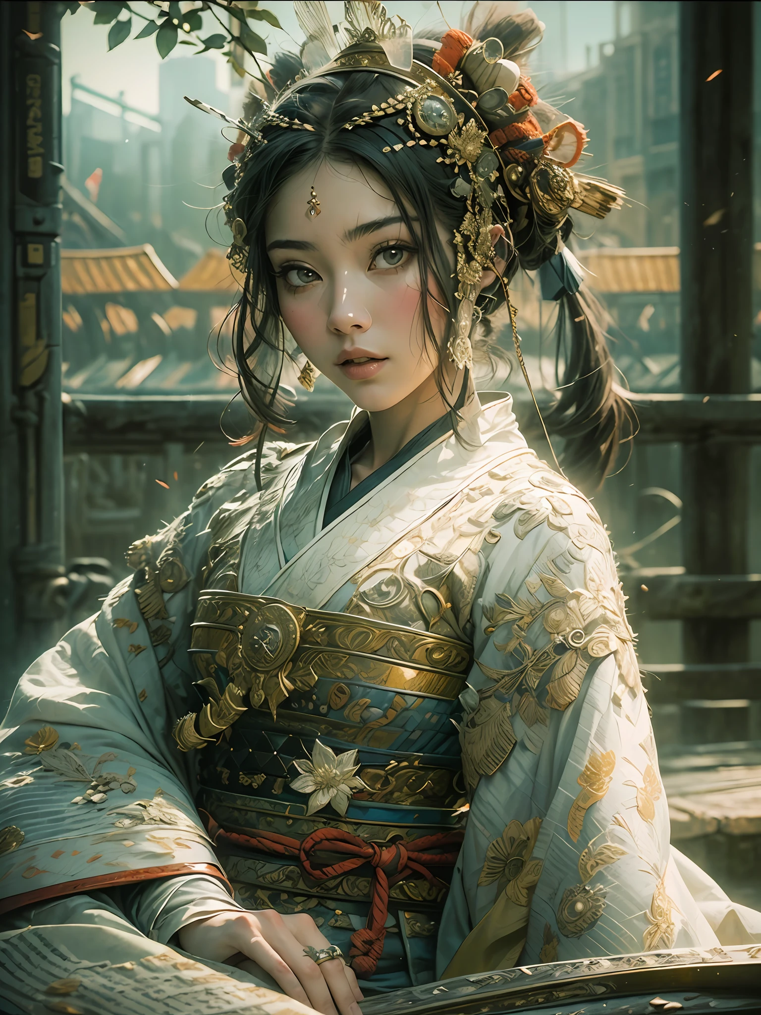 ((masterpiece))), (((best quality))), ((ultra-detailed)), (hyperrealistic), (highly detailed photo), natural lighting, photorealistic, movie poster, extremely beautiful young lady sitting, light makeup, intricate detailed eaba, samurai, shining, gloss, crisp, flirty, epic, focus, high contrast