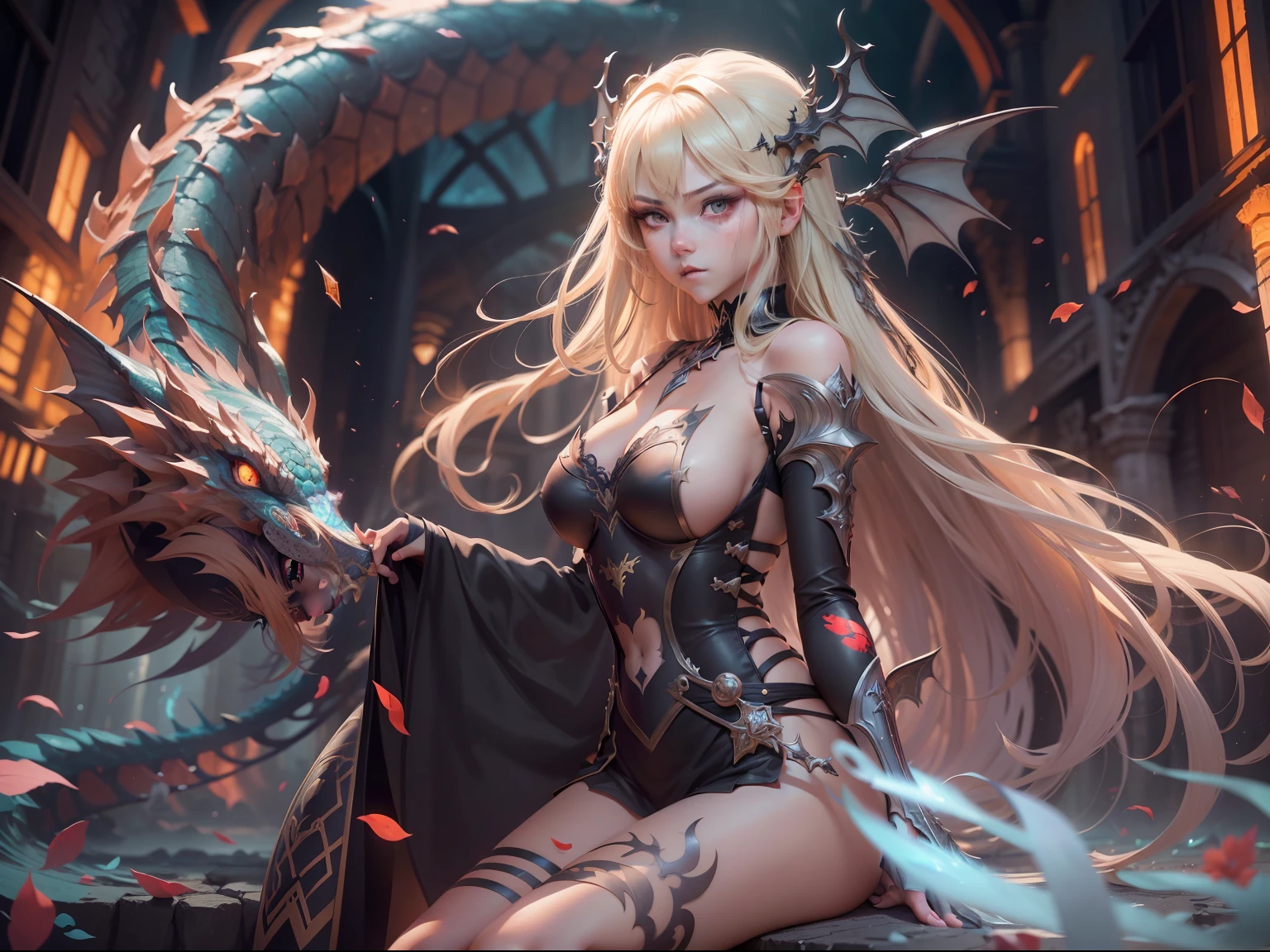 anime girl with sword and dragon in background, anime fantasy artwork, anime fantasy illustration, badass anime 8 k, anime art wallpaper 4 k, anime art wallpaper 4k, 2. 5 d cgi anime fantasy artwork, anime art wallpaper 8 k, detailed digital anime art, beautiful fantasy anime, anime epic artwork, 4k anime wallpaper, detailed anime artwork, sexy, sexy, big boobs, women, A queen is sitting on a throne in the underwater palace, anime style , dragon girl, amor dragon, blade dragon, dragon wings , (masterpiece, best quality, ultra-detailed, best shadow), (detailed background,dark fantasy), (beautiful detailed face), high contrast, (best illumination, an extremely delicate and beautiful), ((cinematic light)), colorful, hyper detail, dramatic light, intricate details, (1 girl, solo, sharp face, . Blonde hair,super long hair, thin bangs hime cut, long lashes,dynamic angle), blood splatter, swirling black light around the character, depth of field,black light particles,(broken glass),magic circle