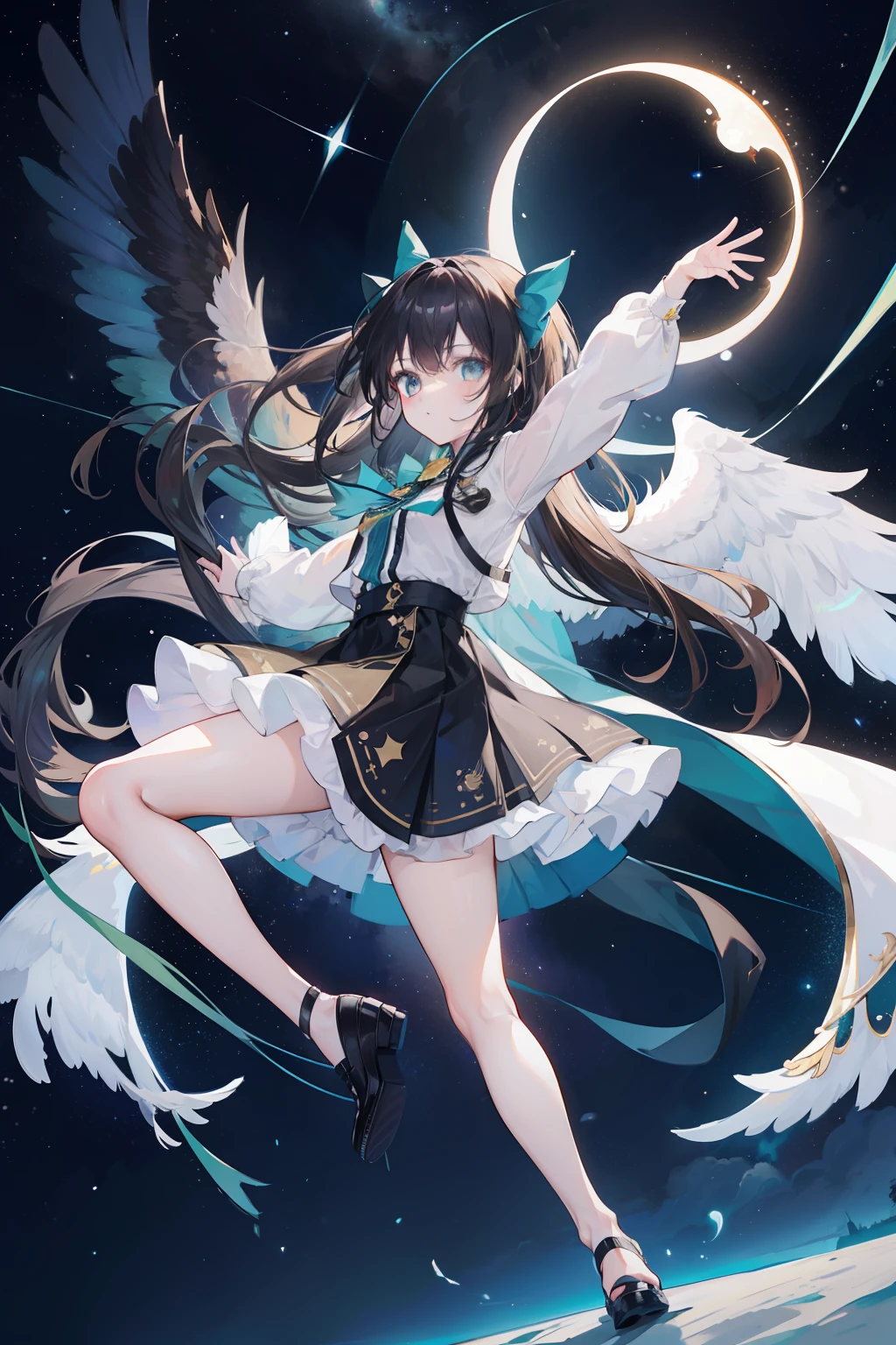 1girl,arm_cannon,asymmetrical_clothes,asymmetrical_footwear,aurora,bird_wings,black_hair,black_wings,bow,brown_hair,cape,city_lights,constellation,crescent_moon,earth_(planet),feathered_wings,full_moon,galaxy,green_bow,green_skirt,hair_bow,large_wings,light_particles,long_hair,milky_way,mismatched_footwear,moon,moonlight,night,night_sky,planet,radiation_symbol,shoes,shooting_star,sky,solo,space,space_craft,spread_wings,star_(sky),star_(symbol),starry_background,starry_sky,starry_sky_print,sun,telescope,third_eye,weapon,wings,reiuji_utsuho