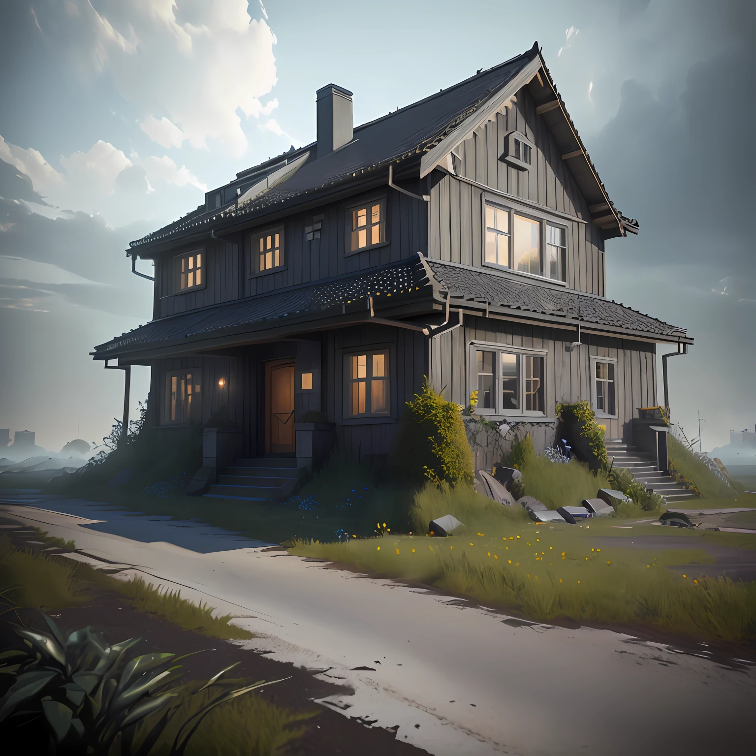 （beachside）（setting sun）（​​clouds）Foggy volume lighting，cinematric light，super detailing，photorealestic，photography of[Cover your face]There are flowers on the house，Rose flower，suns，​​clouds，Dense fog volume illumination，cinematric light，super detailing，photorealestic，Misty clouds