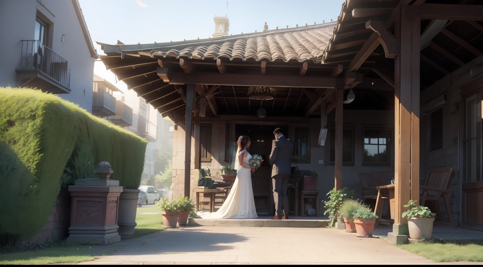 Scene of young man and woman getting married