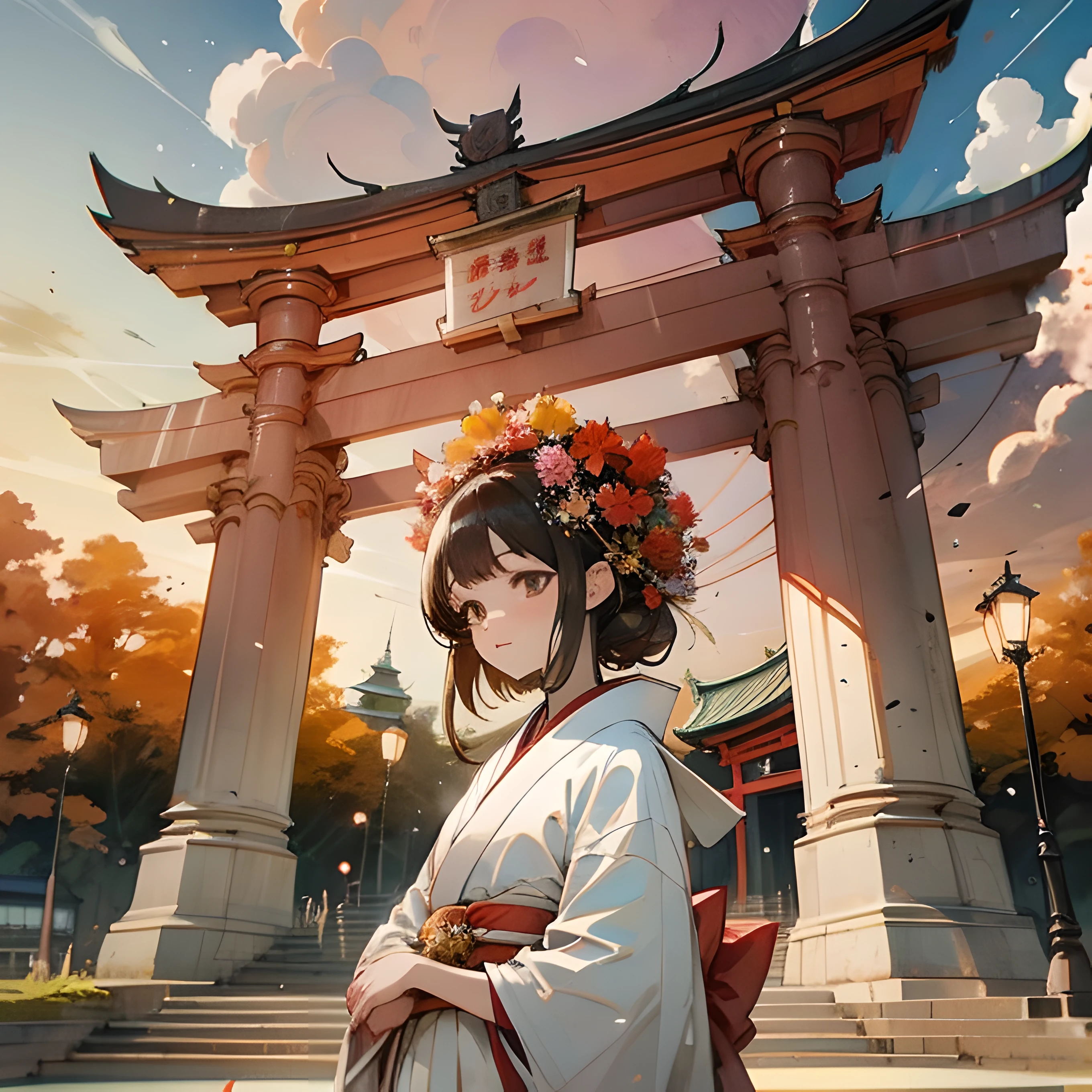 The morning sun rises in the sky above the clouds A girl in a white kimono is standing in front of the torii gate Red higan flowers bloom in front of the torii gate