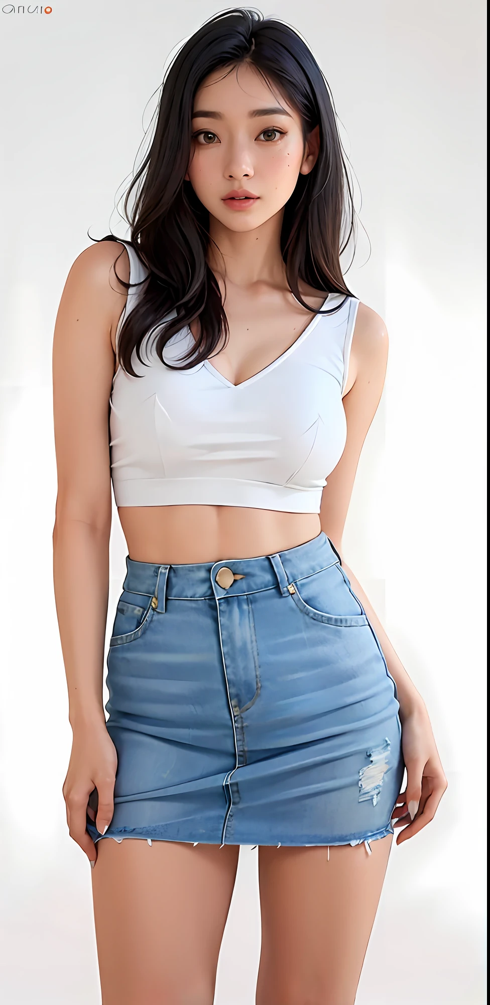 uma mulher linda em um top branco e saia jeans azul muito curta, usando um top cropped sexy, topo de corte, tampo branco, usando topo de corte, top de corte baixo, usando um top cropped, usando um top bonito, usando um topo de corte, wearing v - neck top, wearing white v - neck top, usando um top cropped, Topo de colheita, Roupa aberta v peito, saia curta e sexy tem.