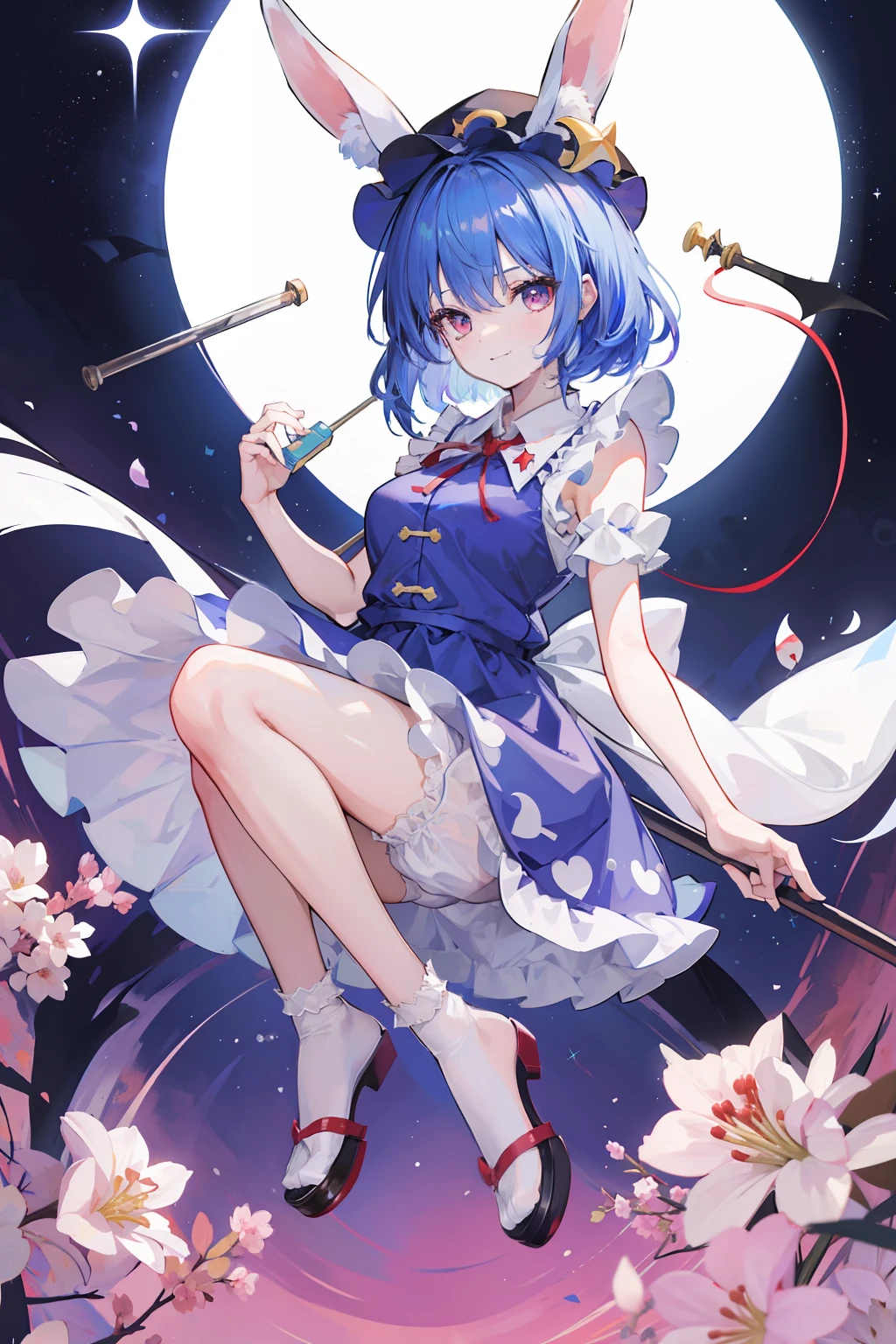 1girl,alphes_(style),animal_ears,bare_arms,blood,bloomers,blue_dress,blue_hair,crescent,dress,earclip,frills,full_body,hat,holding,kine,looking_at_viewer,mallet,parody,rabbit_ears,rabbit_tail,red_eyes,short_sleeves,smile,socks,solo,stain,star_(symbol),style_parody,transparent_background,underwear,weapon,white_bloomers,seiran_(touhou)