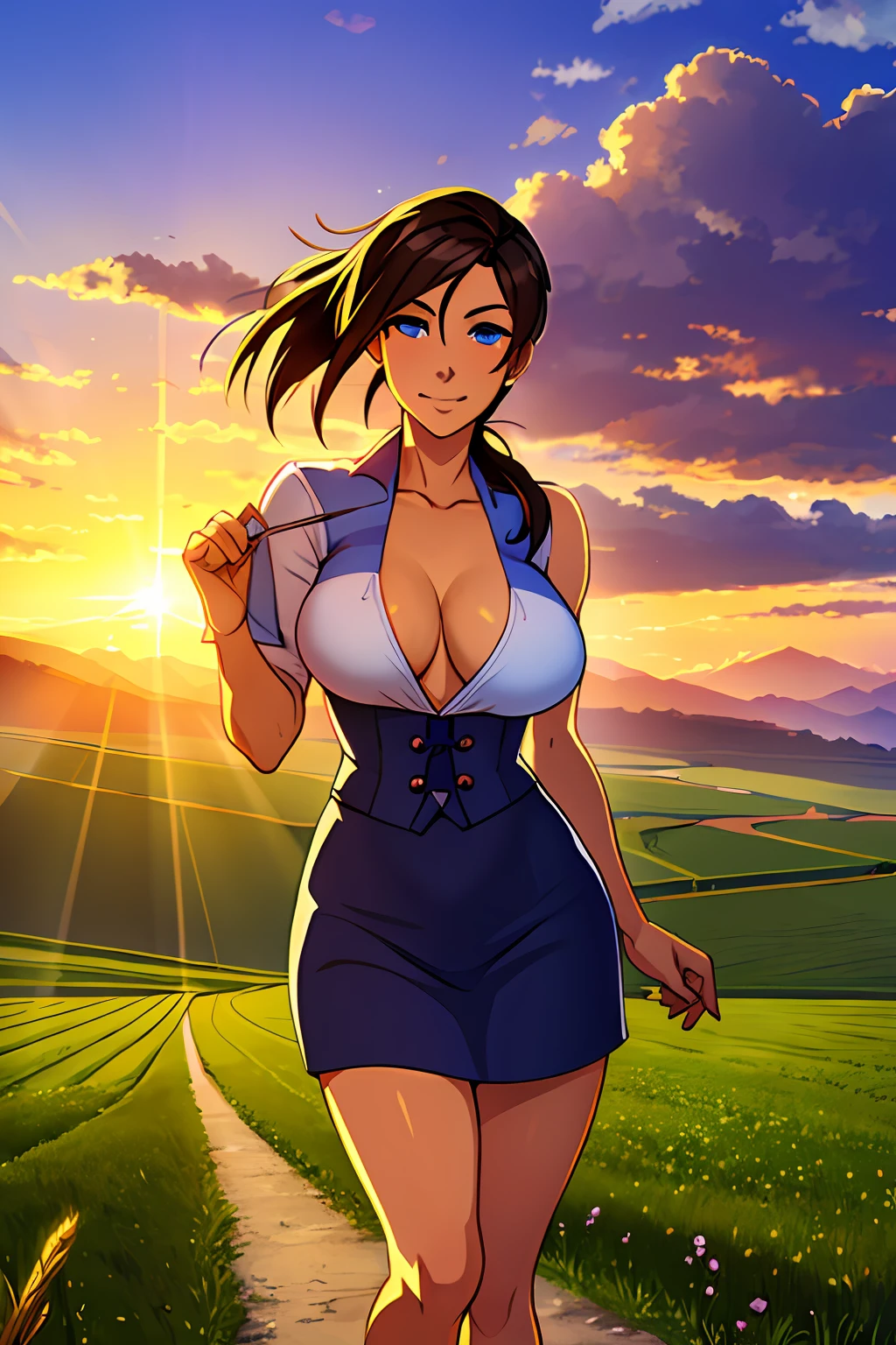 1girll，Rural fields，the setting sun，Crepuscular Rays，Shiba dog，blue color eyes，ricefield，volumettic light，Perspective composition，Wheat，Lively and cute girl，8K,Cinematic lighting effects，Textured skin，best qualtiy，Storytelling images，Ambient lighting，dynamic blur，actionpose，tmasterpiece，A masterpice，the original god，Lori huge breasts cleavage，Juvenile --auto