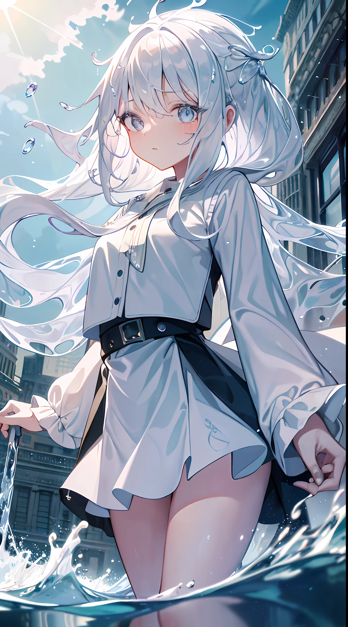 (Background), masterpiece, best quality,Illustration, Wallpaper, ultra detail, absurdres, 1girl, solo, (liquid hair:1.2), beautiful detailed eyes,
bangs, cowboy shot, long hair, magical girl, white hair, waves,  water,  water drop, looking to the side, wading, 
(street:1.5),  sun, cloudy sky,