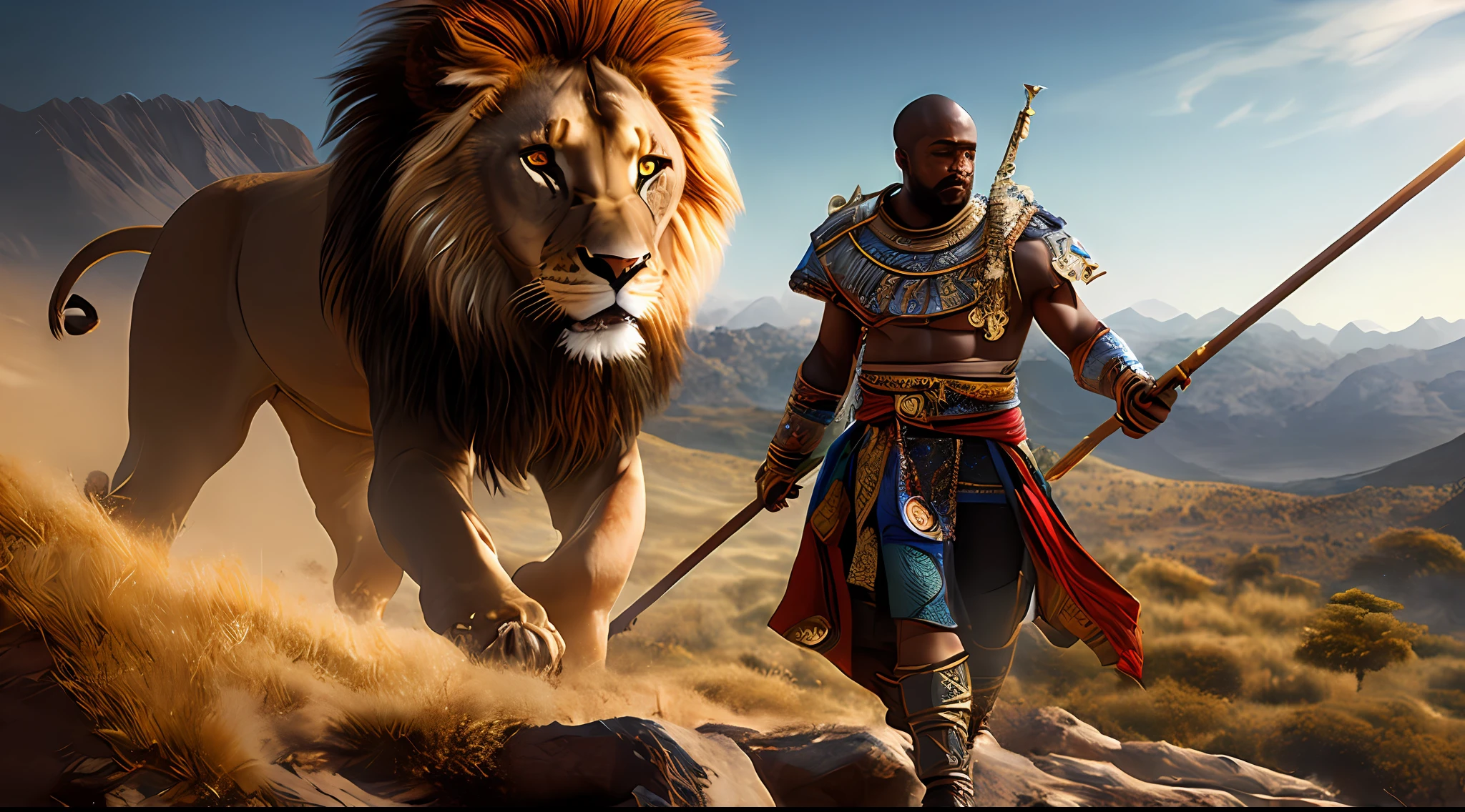 [Prompt]
"Epic African warrior ascending a majestic mountain top, holding a [long spear], accompanied by a regal lion. Create a cinematic masterpiece with the best quality, ranging from 4K to 64K. Achieve photorealism through Unreal Engine 5 and Cinema4k lighting. Emphasize Intricate Ultra Detail, cinematic gentle lighting, and High contrast Details. Enhance facial qualities, remove physical distortions as subjects move in frame. Use film grain and artifacts for an authentic touch."

[Settings]
Model: Absolute Reality
LORAs: Detailed Eyes (Low Weight), Polyhedron New Skin (Low Weight)
Negative Prompts: "deformed face, blurry aspects, sketch-like styles, film grain, artifacts" (Weight 1.4)
Sampling Method: DPM ++ SDE CARAS (Sampling Steps: 30)
Resolution: 4K to 64K
Denoising Strength: 0.2
Upscale: x2
Guidance Scale: 7
Aspect Ratio: 16:9
Motion: 0.1
Seed: 7543