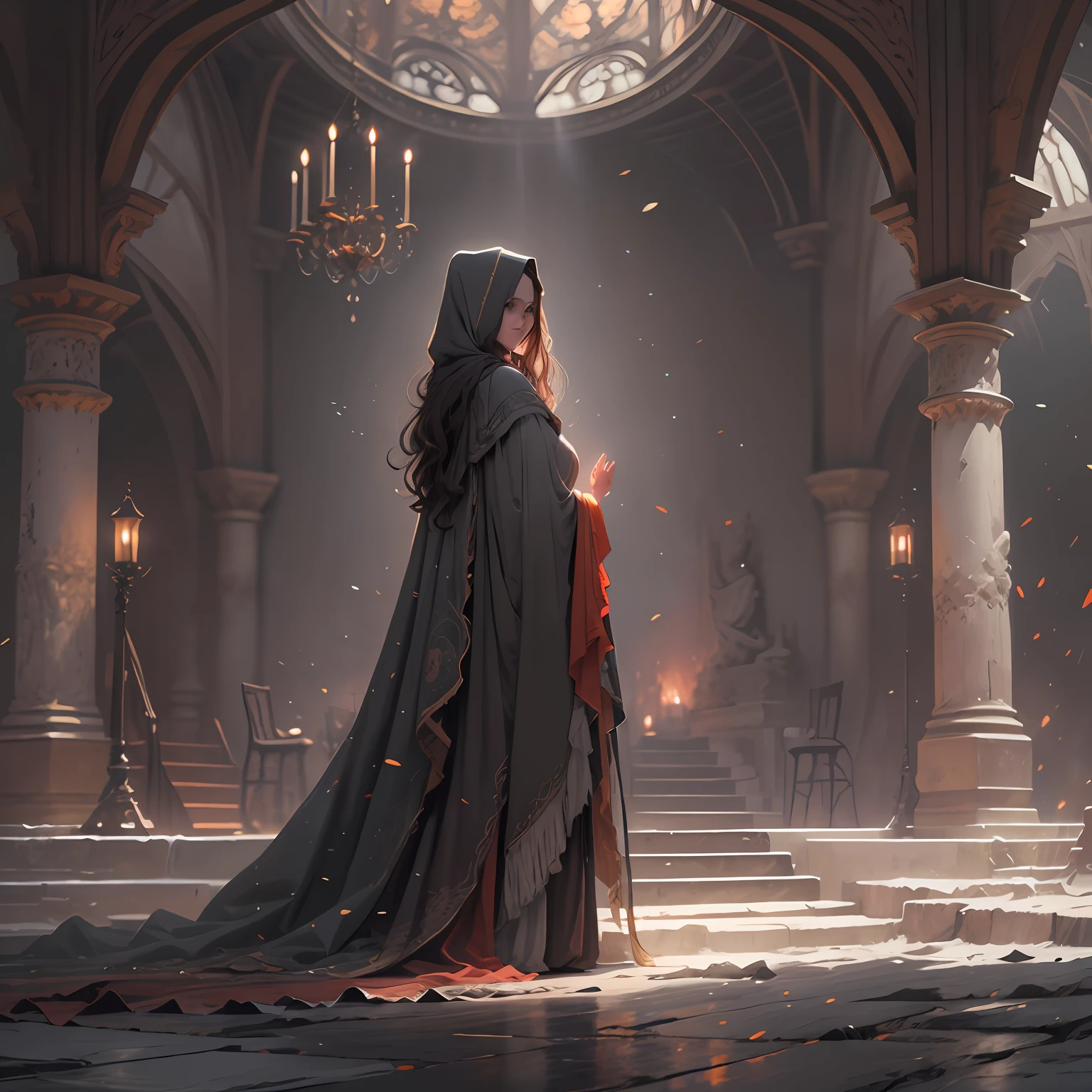 side-view, A huge bright hall with bright lighting, In the center is a stone throne, A  girl, ember, A sword is stuck near the throne, Hi-Def, ultradetail, European facial features, realeme fentezi, Pattern, portraite of a, side view Girl 36 years old, dark brown long hair, dark eyes, Smiling, dressed in an old shabby gray cloak,Beautiful handkerchief, wrapped around her head, Hands raised up, Clarity 8 ka, scenery: side view Huge throne room with large windows, A girl in an old cloak stands near the throne, In the background near the throne is a man, Rear side view A man standing behind a throne