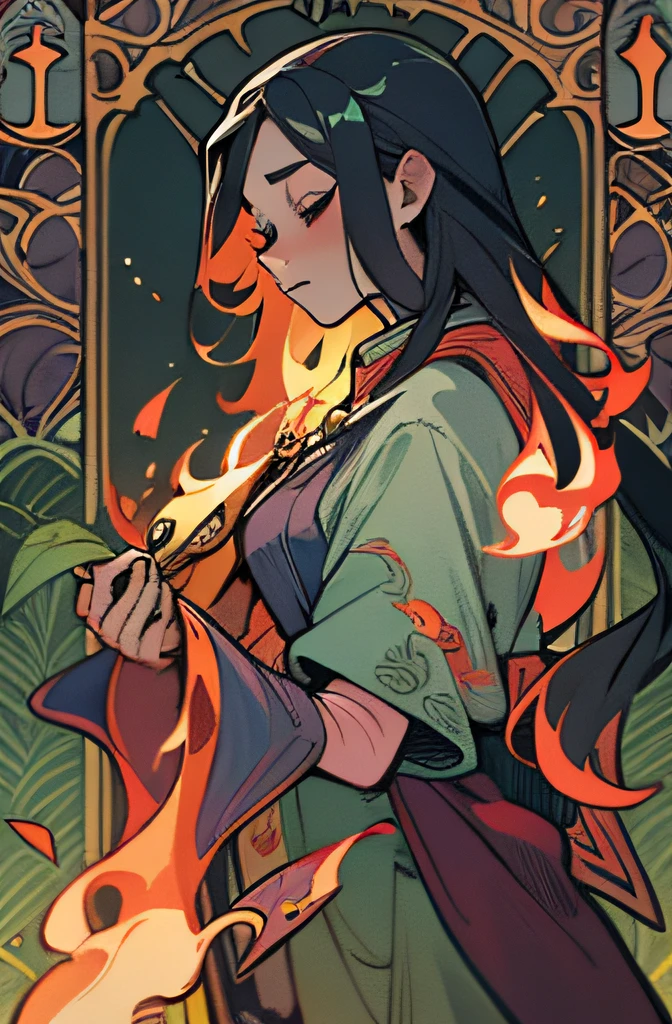 (best quality, masterpiece), 1girl, long hair, flame, leaf, tarot card, demon,