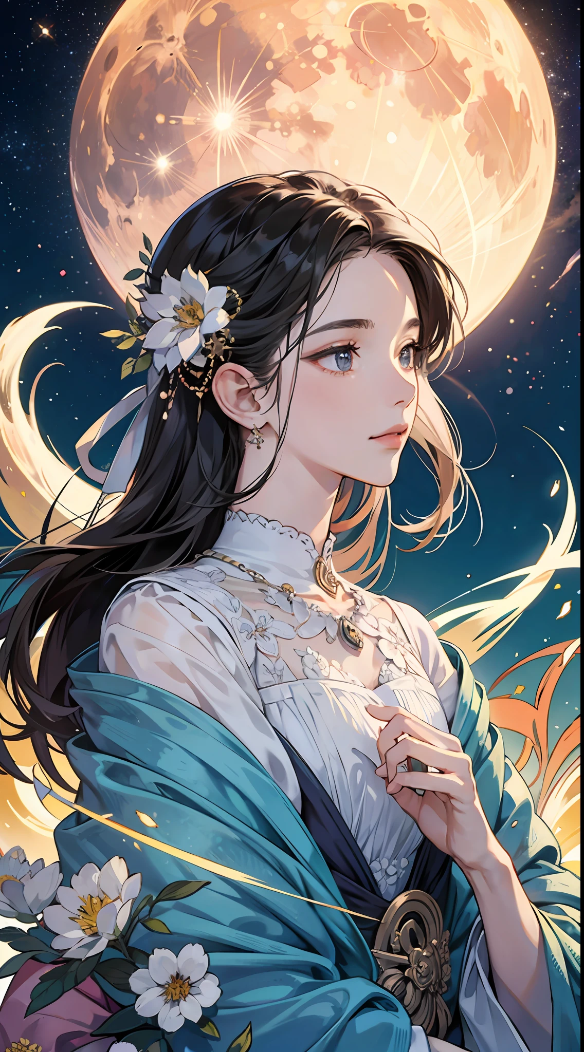 （（best qualtiy））， （（tmasterpiece）） themoon， god of moon， goddes， florals，exquisite facial features