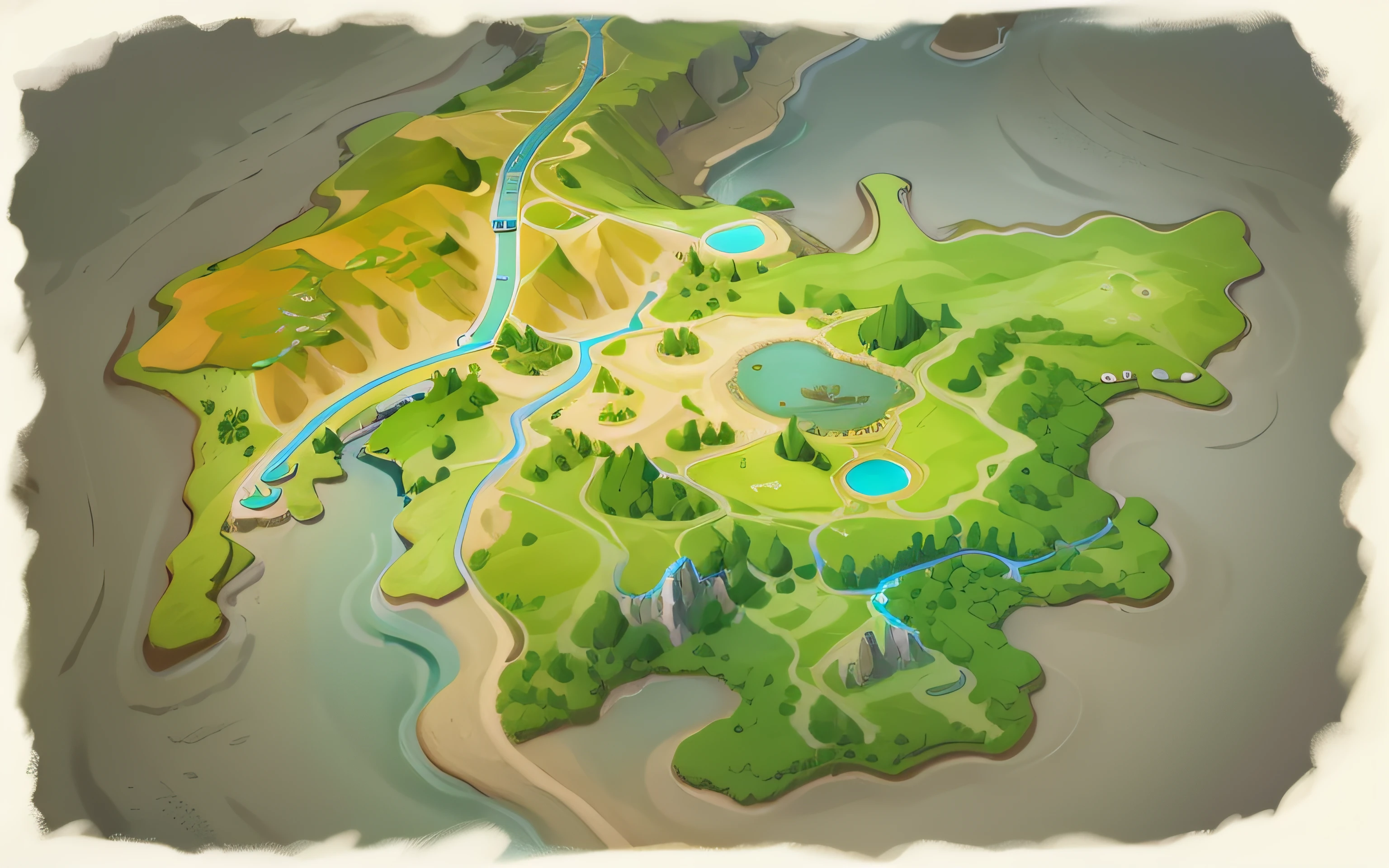 best quality, master piece, aerial photo, environment concept art, game environment, isometric, (aerial view), (landscape illustration of aerial view, mountaint, river, road, land, sea), master pieace, (anime render style), (beautiful aerial view), beutiful art work (super detailed rendering), (best quality)