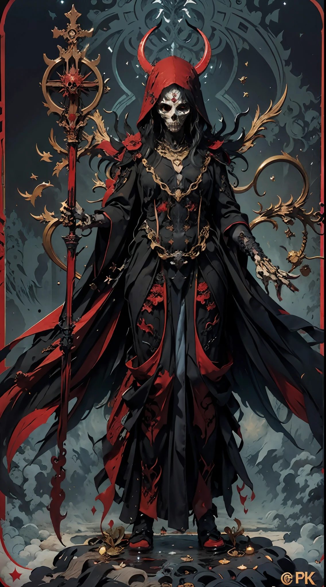 offcial art,Hell Demon,Black robe,(shinigami ), (Red theme:1.1), golden theme, scythe, Dark Star,Skull pile, Skeleton body,unholy,red eyes,Black Crow,die,Cross chains, tarot cards,8K,A high resolution,High- sharpness,ultra - detailed,3D,