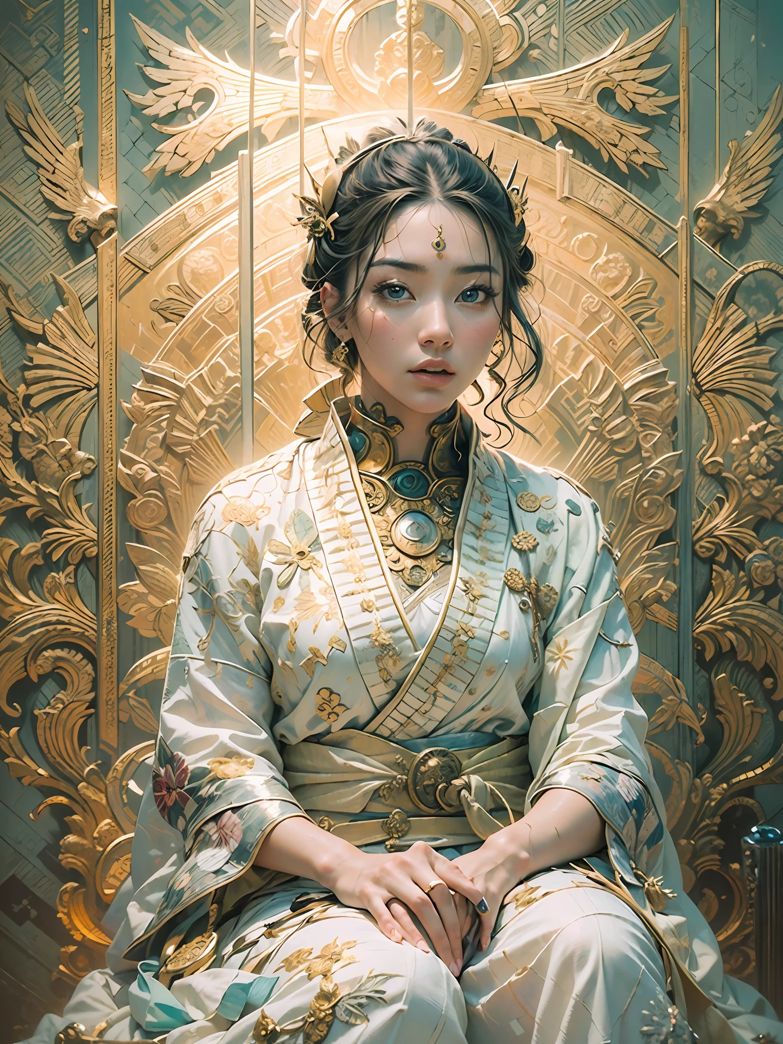 ((masterpiece)), ((best quality)), ((ultra-detailed)), (hyperrealistic), (highly detailed photo), natural lighting, photorealistic, movie poster, extremely beautiful young lady sitting, light makeup, intricate detailed eaba, samurai, shining, gloss, crisp, flirty, epic, focus, high contrast