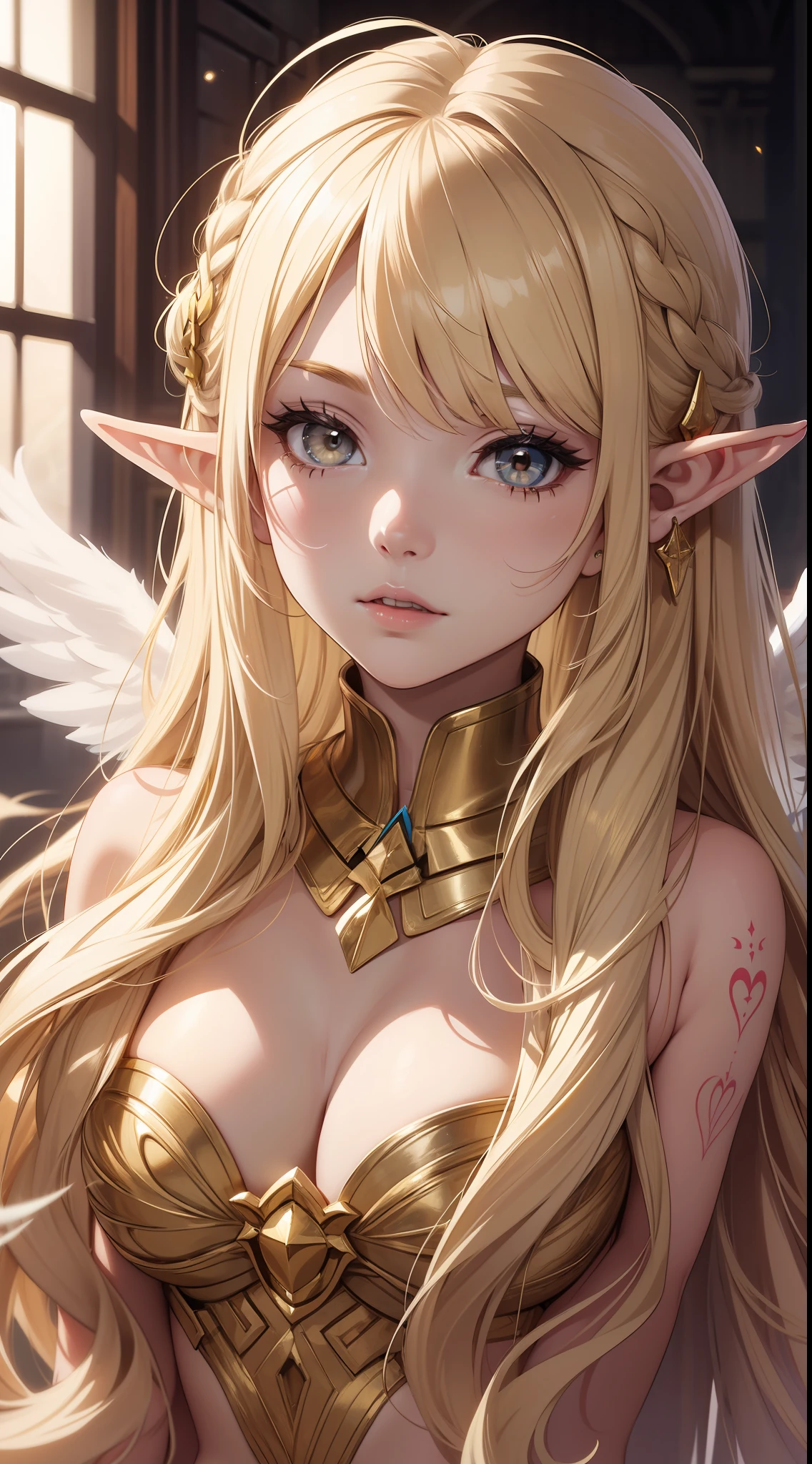 young girl, longue blonde hair, elf ears, white eyes, angel wings, Naked, gold tattoos, Masterpiece, hiquality