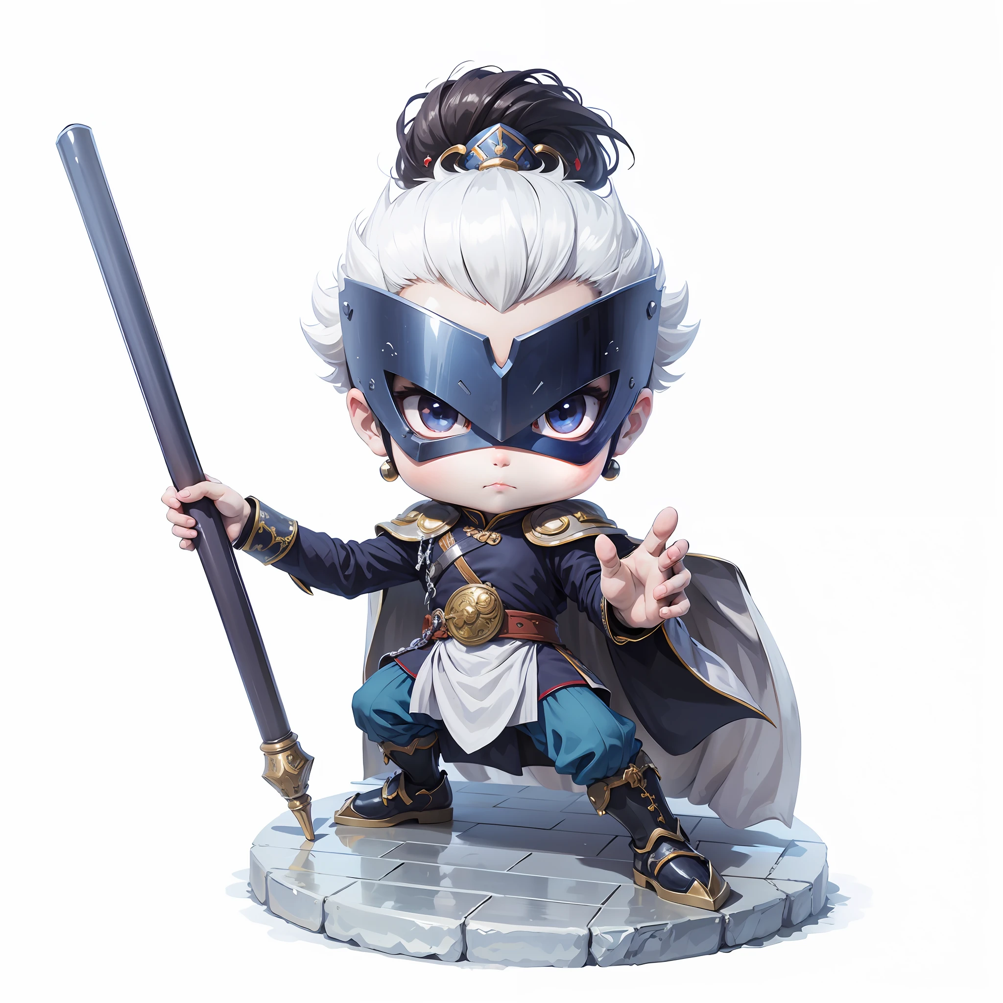 male people,Chibi anime characters,Halberd,(Chinese style),Chinese costumes,Chinese shoes,Refinement,Cloak,Chinese pattern,Silver armor,Horse steps,high definition detail,infinite details,tmasterpiece,HighestQuali,8K