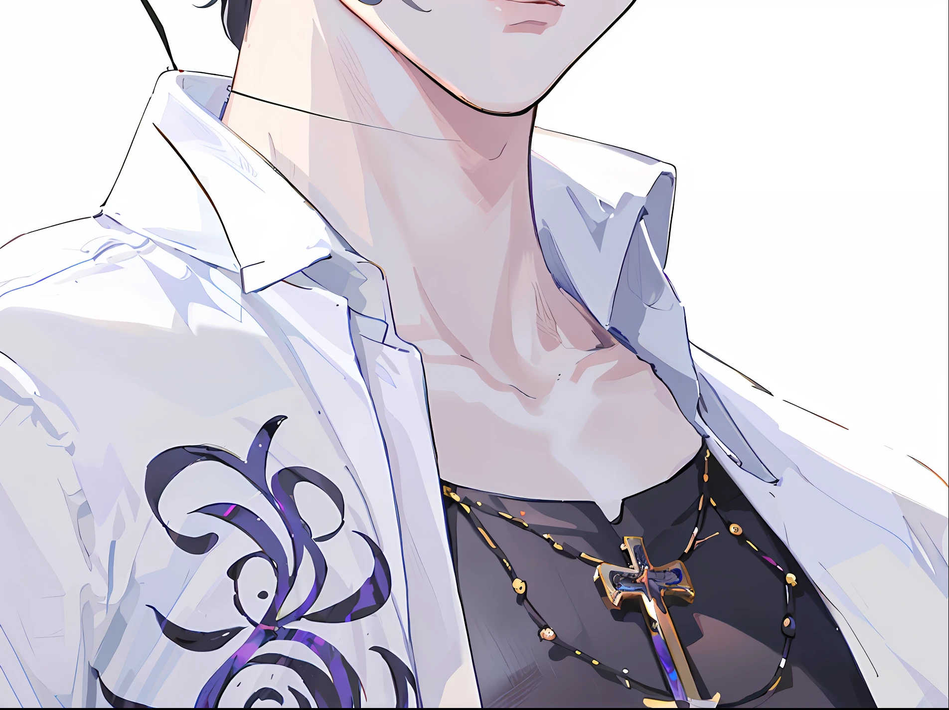 Wearing a white shirt and black glasses,Anime guy with a cross on his chest, Detailed digital anime art, handsome guy in demon killer art, Detailed fanart, highly detailed exquisite fanart, Delicate androgynous prince, highly detailed character, character art closeup, Detailed key anime art, detailed anime character art, detailed character portrait, shigenori soejima illustration