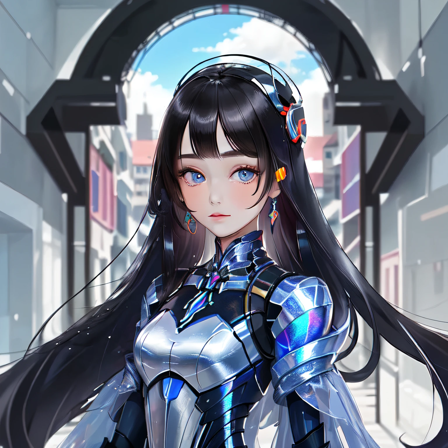 Best quality, masterpiece, ultra high res, 1girl, upper body, black hair, holographic, looking at viewer, very long hair, city, humanoid robot,