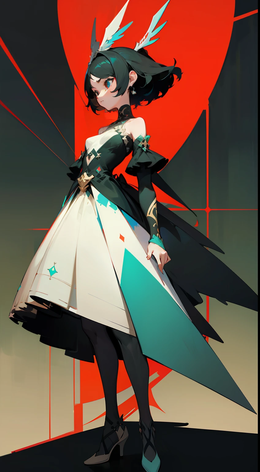 abstraction, {{{Intricate moldings, Geometry}}}，Gray-red-black-blue-green decoration，Strong visual impact，High saturation happy, barechested,white dresses，teens girl，nobles，Strong sense of design，Standing painting