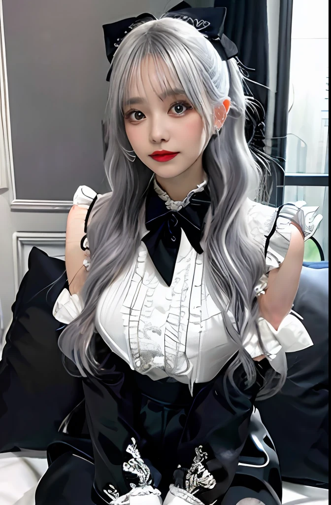 (((1 girl)),ray tracing,(dim lighting),[detailed background (bedroom)),((silver hair)),((silver hair)),(Fluffy silver hair, plump slender girl)) with high ponytail)))) Avoid blonde eyes in the ominous bedroom ((((Girl wears intricately embroidered black high-waisted pants with pantyhose) and white ruffled bow gloves), showing a delicate slim figure and graceful curves, correct limbs, sitting on the bed