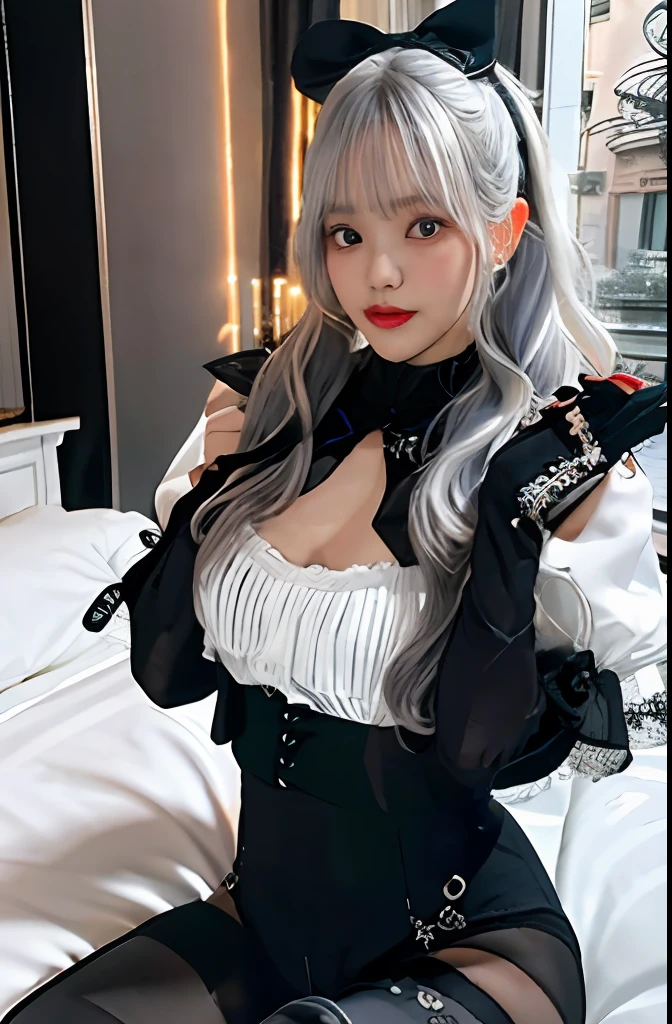 (((1 girl)),ray tracing,(dim lighting),[detailed background (bedroom)),((silver hair)),((silver hair)),(Fluffy silver hair, plump slender girl)) with high ponytail)))) Avoid blonde eyes in the ominous bedroom ((((Girl wears intricately embroidered black high-waisted pants with pantyhose) and white ruffled bow gloves), showing a delicate slim figure and graceful curves, correct limbs, sitting on the bed