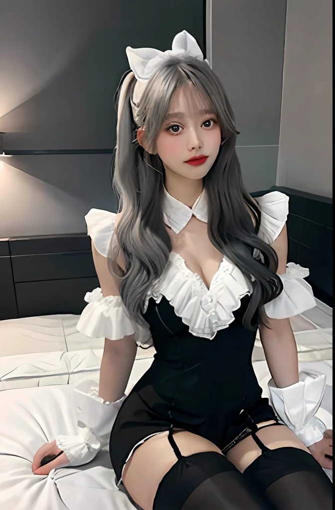 ((Vista photos)),(((1个Giant Breast Girl)),Ray traching,(dim murky lights),[detailedbackground(Bedrooms)),((Silvery hair)),((Silvery hair)),(((((Fluffy silver hair,plump and slender girl))Wears a high ponytail)))Avoid golden eyes in the ominous bedroom((((Girl wearing embroidered black high-waisted pantyhose:1.5)There are also white ruffled bow gloves),It shows a delicate and slender figure and beautiful curves,Correct limbs,sit on a bed,(Expose the transparent stockings on the left side of the buttocks:1.5),(Clear black stockings:1.5)
