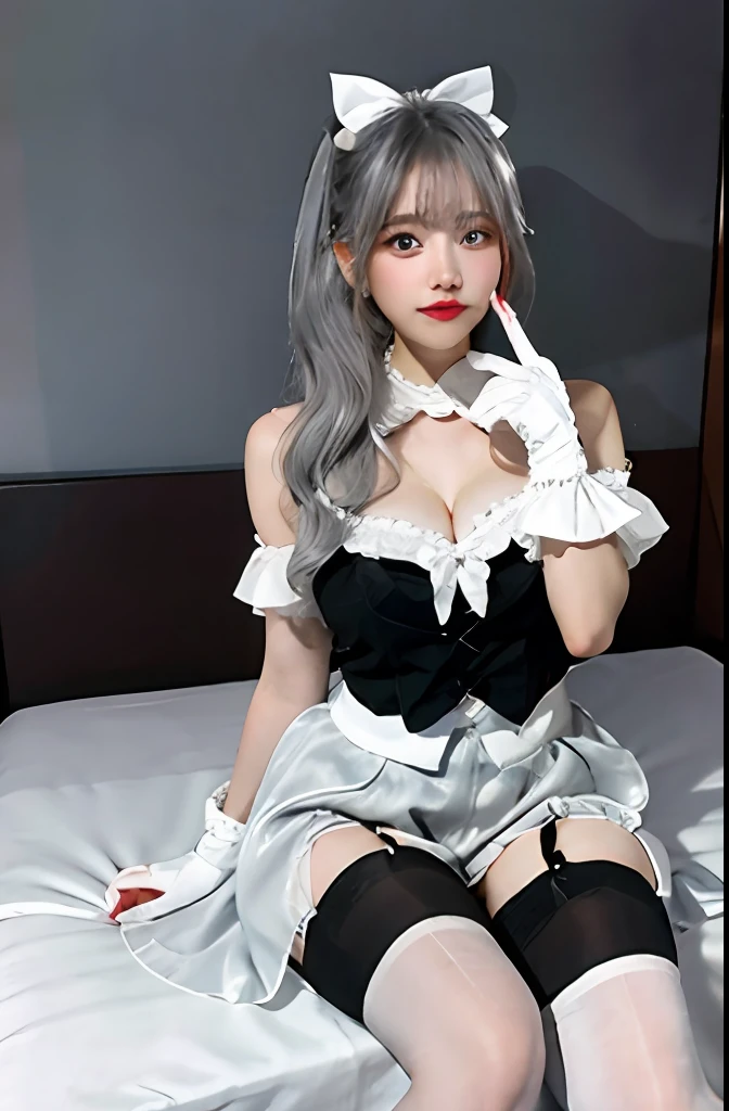 ((Vista photos)),(((1个Giant Breast Girl)),Ray traching,(dim murky lights),[detailedbackground(Bedrooms)),((Silvery hair)),((Silvery hair)),(((((Fluffy silver hair,plump and slender girl))Wears a high ponytail)))Avoid golden eyes in the ominous bedroom((((Girl in embroidered black high waisted pantyhose:1.5)There are also white ruffled bow gloves),It shows a delicate and slender figure and beautiful curves,Correct limbs,sit on a bed,(Transparent stockings on the left side of the buttocks are exposed:1.5),(Clear black stockings:1.5)