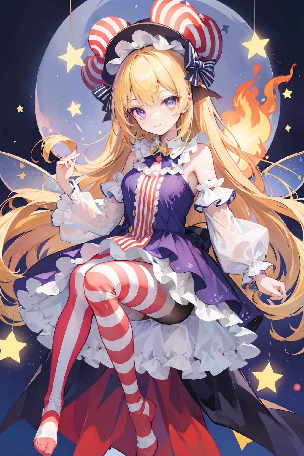 1girl,american_flag,american_flag_dress,american_flag_legwear,blonde_hair,dress,fairy,fairy_wings,fire,frilled_shirt_collar,full_body,hat,jester_cap,long_hair,looking_at_viewer,neck_ruff,pantyhose,polka_dot,polka_dot_headwear,print_legwear,purple_eyes,short_dress,smile,solo,star_(symbol),star_print,striped,striped_dress,striped_legwear,torch,transparent_background,very_long_hair,wings,clownpiece