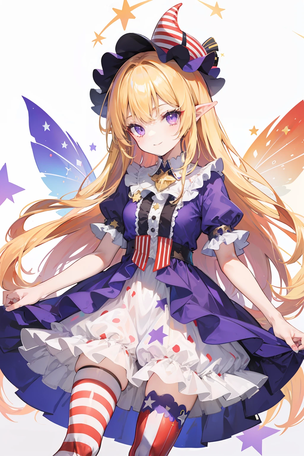 1girl,american_flag,american_flag_dress,american_flag_legwear,blonde_hair,dress,fairy,fairy_wings,fire,frilled_shirt_collar,full_body,hat,jester_cap,long_hair,looking_at_viewer,neck_ruff,pantyhose,polka_dot,polka_dot_headwear,print_legwear,purple_eyes,short_dress,smile,solo,star_(symbol),star_print,striped,striped_dress,striped_legwear,torch,transparent_background,very_long_hair,wings,clownpiece