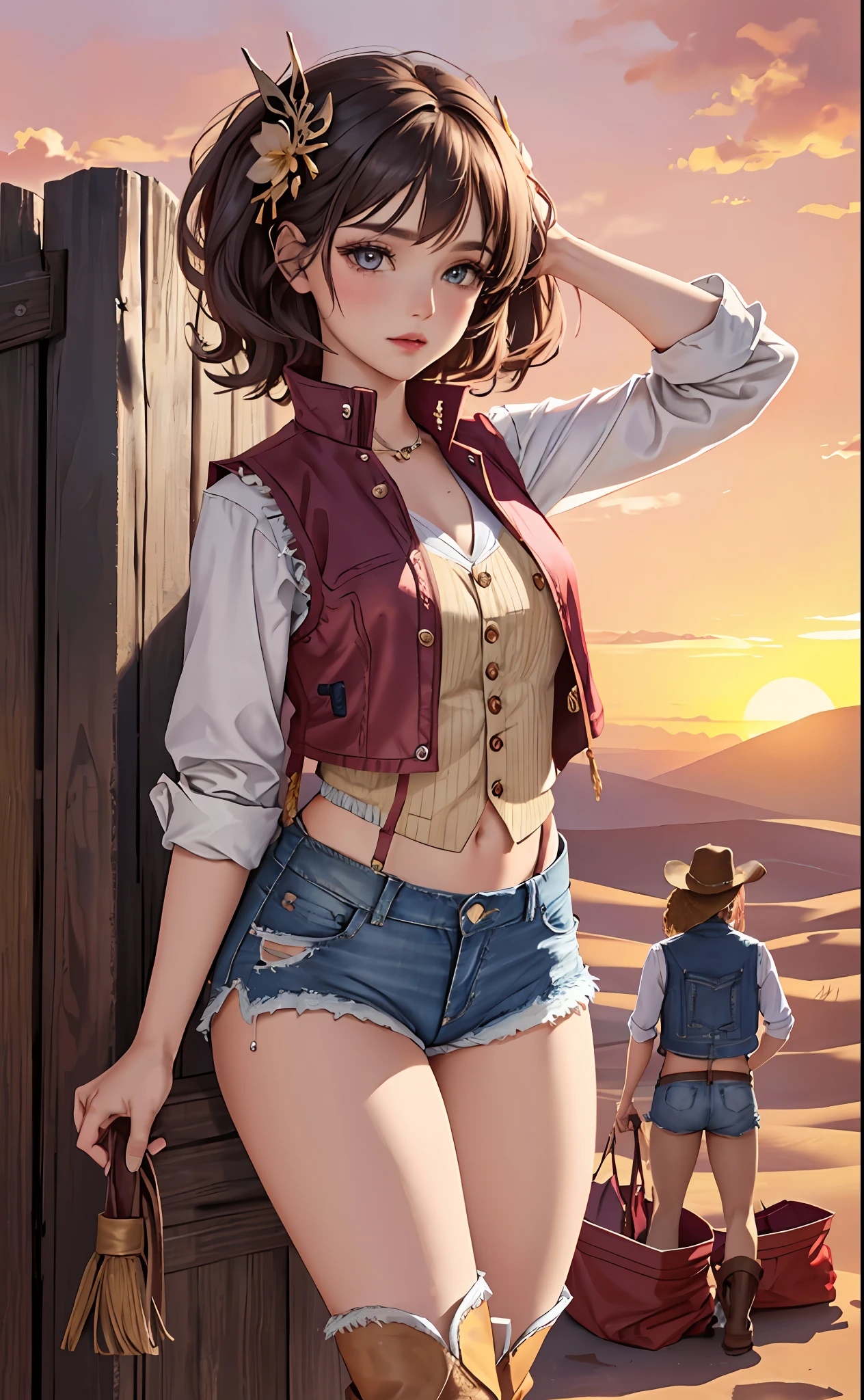 (masterpiece:1.4, best quality), (intricate details), unity 8k wallpaper, ultra detailed, beautiful and aesthetic, perfect lighting, (1girl), dynamic pose, dynamic angle,  lipstick, slim, slim body, medium breasts, (Festival_fringe_vest:1.4),(Ripped_denim_shorts:1.3),(Cowboy_boots:1.2),(Desert_sunset_background:1.4), detailed background, realistic, solo, perfect detailed face, detailed eyes, highly detailed, blush, hair ornament, medium hair,