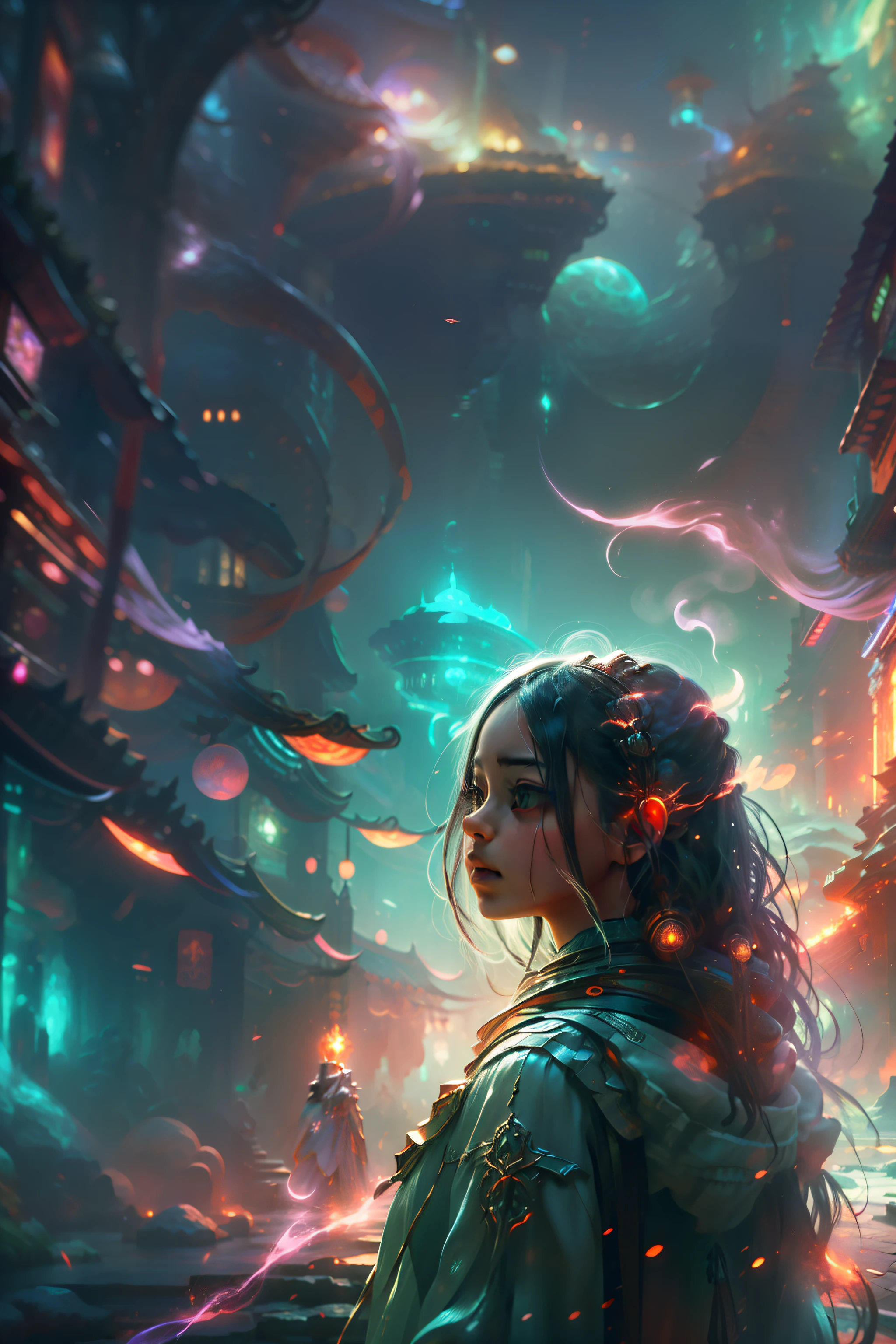 Picture quality:A masterpiece of high detail,8K,High-resolution body content:Leads to the abyss,Broad perspectives,fanciful,Full of mystery,Bask in the breath of chaos,Hopeful,Divine piety ,Look outward at the background:Dazzling colors,The little girl looked at the atmosphere in the distance:Mysterious and unknowable sense of light,Intense violet light,Magic beam,The fantasy of the future world is intertwined with reality,Color:Infused with ethereal hues and luminous turquoise hues,High purity color, composition:Vista composition,tilted angle,ultra-wide-angle,Style reference:Virtual Engine,The magical texture of the ghost spark,Chaotic real world