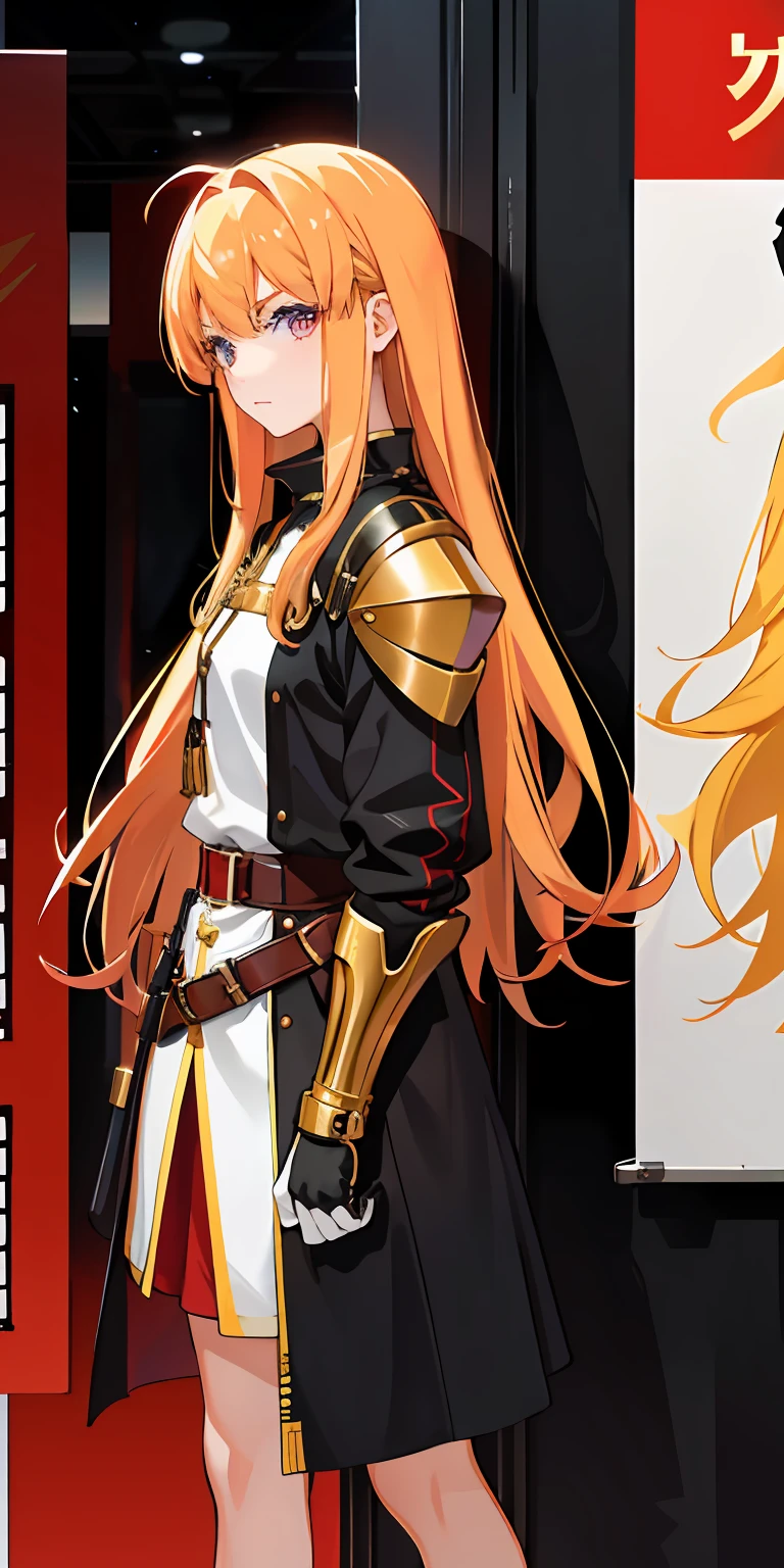 1girl,golden hair,red color eyes,Wearing armor,Sideslit,light particules,poster for