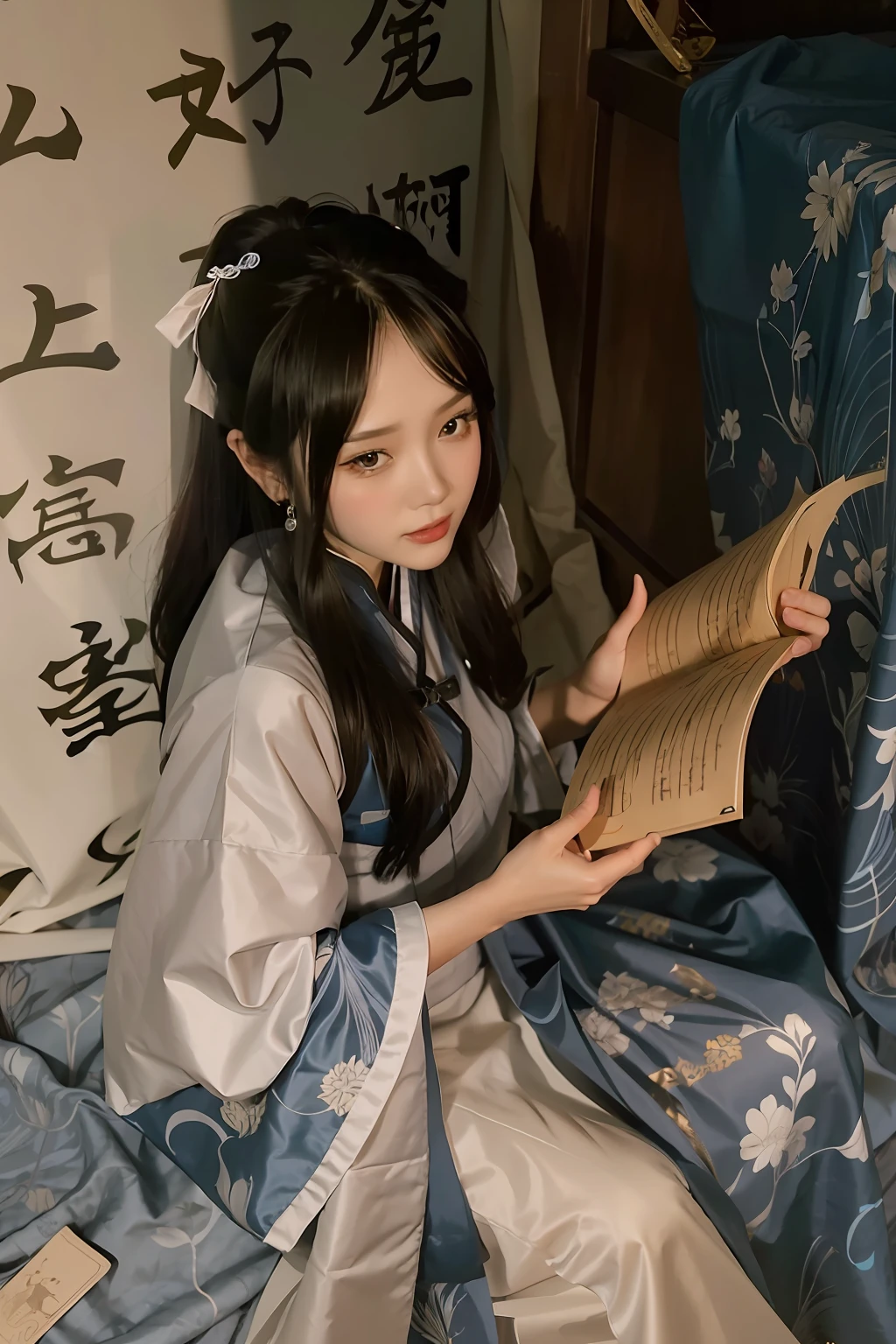 Woman in blue kimono sitting on bed reading a book, Palace , A girl in Hanfu, Wearing ancient Chinese clothes, with acient chinese clothes, Hanfu, White Hanfu, inspired by Tang Yin, Inspired by Qiu Ying, inspired by Emperor Huizong of Song, Traditional Chinese clothing, inspired by Gu An, Inspired by Huang Ji, Reading a book,The body is surrounded by calligraphy magic,Hold the side of the book in your hand,High bun,Small hair seams,The hair is coiled with a lotus hairpin,The jacket is made of tulle,There was a burning oil lamp beside him, glowing faintly,There is a sense of atmosphere,Deserted goddess,The eyes reveal loneliness