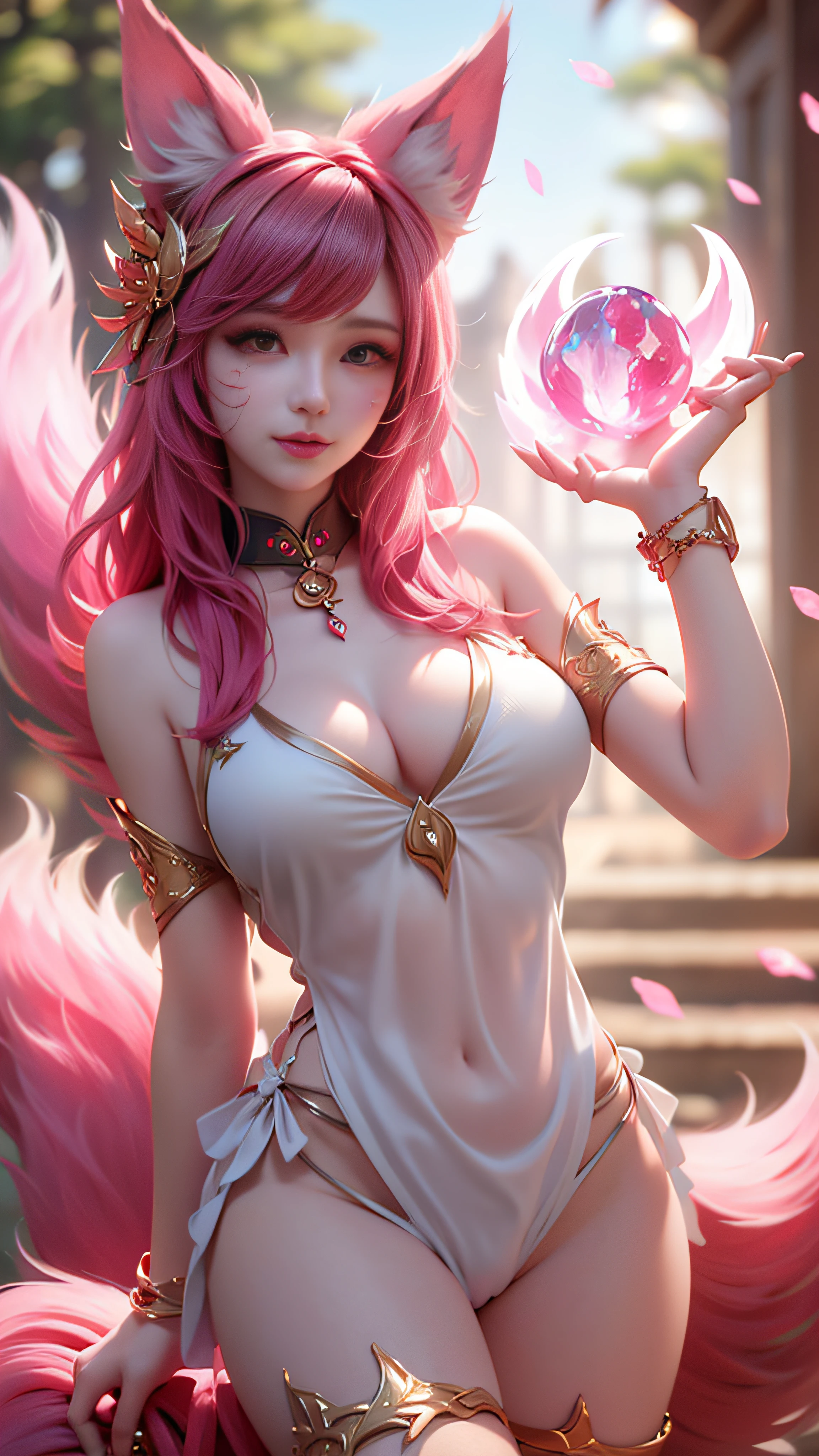 Super beautiful shining eyes、Face lighting,Bright backlight,medium breasts,超A high resolution,Best Quality,Photos,4K,(Realistic:1.2),
1 girl,Cute,Cosplay,ahri (League of Legends),Looking at Viewer,(Moderate breasts:1.1),Nine Tails,long ears,Green eyes,(Long wavy hair:1.2),White and gold headdress,Red and gold cheongsam,(Thigh height stockings:1.3),Red high heels,Red and gold bracelet,In the moonlit forest,