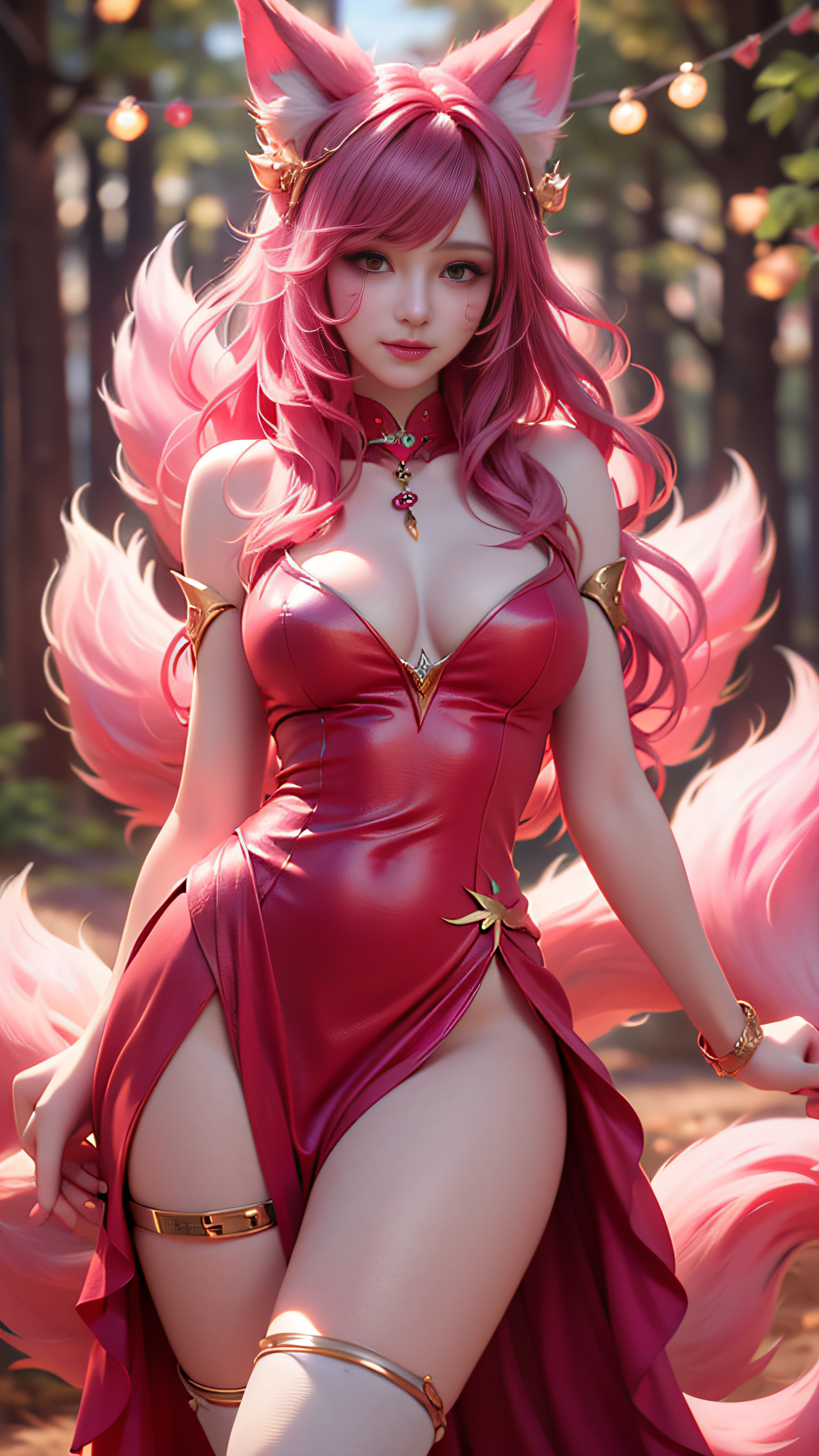 Super beautiful shining eyes、Face lighting,Bright backlight,medium breasts,超A high resolution,Best Quality,Photos,4K,(Realistic:1.2),
1 girl,Cute,Cosplay,ahri (League of Legends),Looking at Viewer,(Moderate breasts:1.1),Nine Tails,long ears,Green eyes,(Long wavy hair:1.2),White and gold headdress,Red and gold cheongsam,(Thigh height stockings:1.3),Red high heels,Red and gold bracelet,In the moonlit forest,