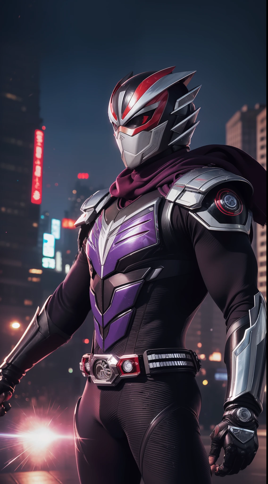 ((Best Quality, 8K, Masterpiece: 1.3)),((Amazing detail: 1.2)),((illustration: 1.1)),Kamen Rider,Combat posture,Red eyes,Eyes glow,Cyberpunk,Purple skin,Manga,Red floating scarf,Splash Art,Realistic,urban backdrop,