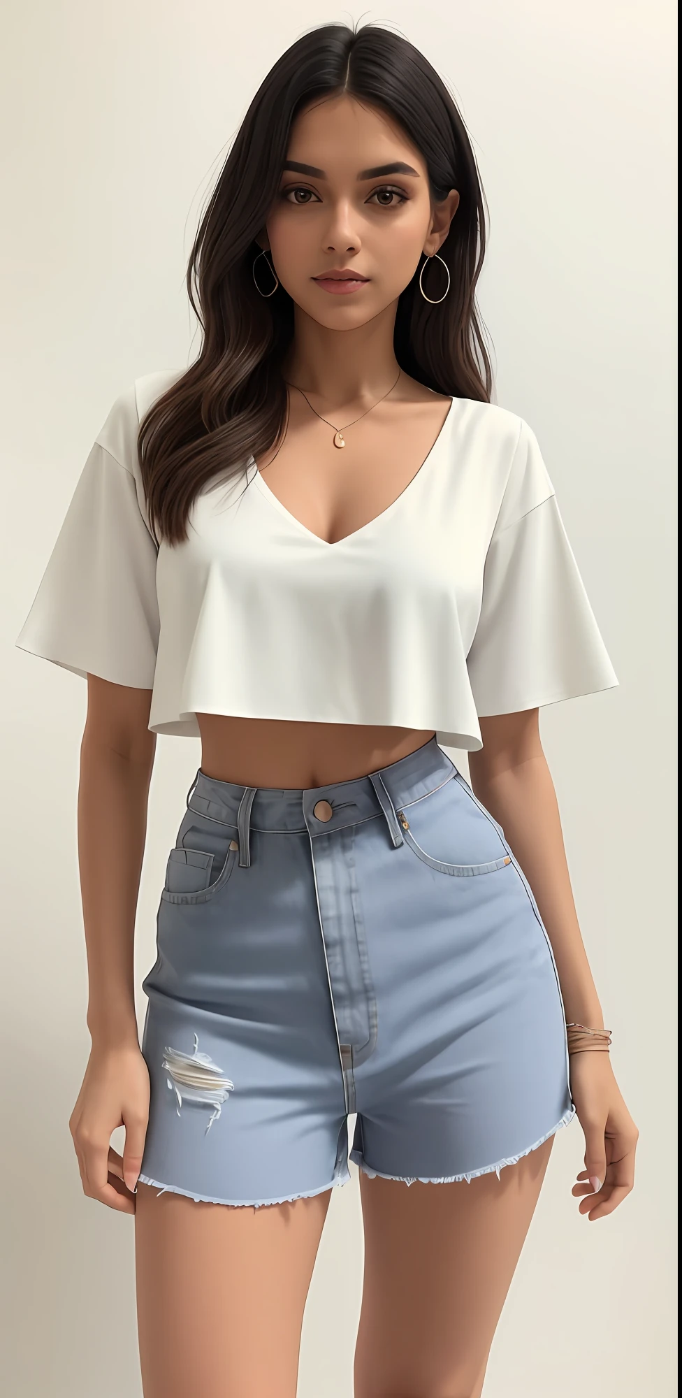 uma mulher linda em um top branco e saia jeans azul muito curta, usando um top cropped sexy, topo de corte, tampo branco, usando topo de corte, top de corte baixo, usando um top cropped, usando um top bonito, usando um topo de corte, wearing v - neck top, wearing white v - neck top, usando um top cropped, Topo de colheita, Roupa aberta v peito, saia curta e sexy tem.